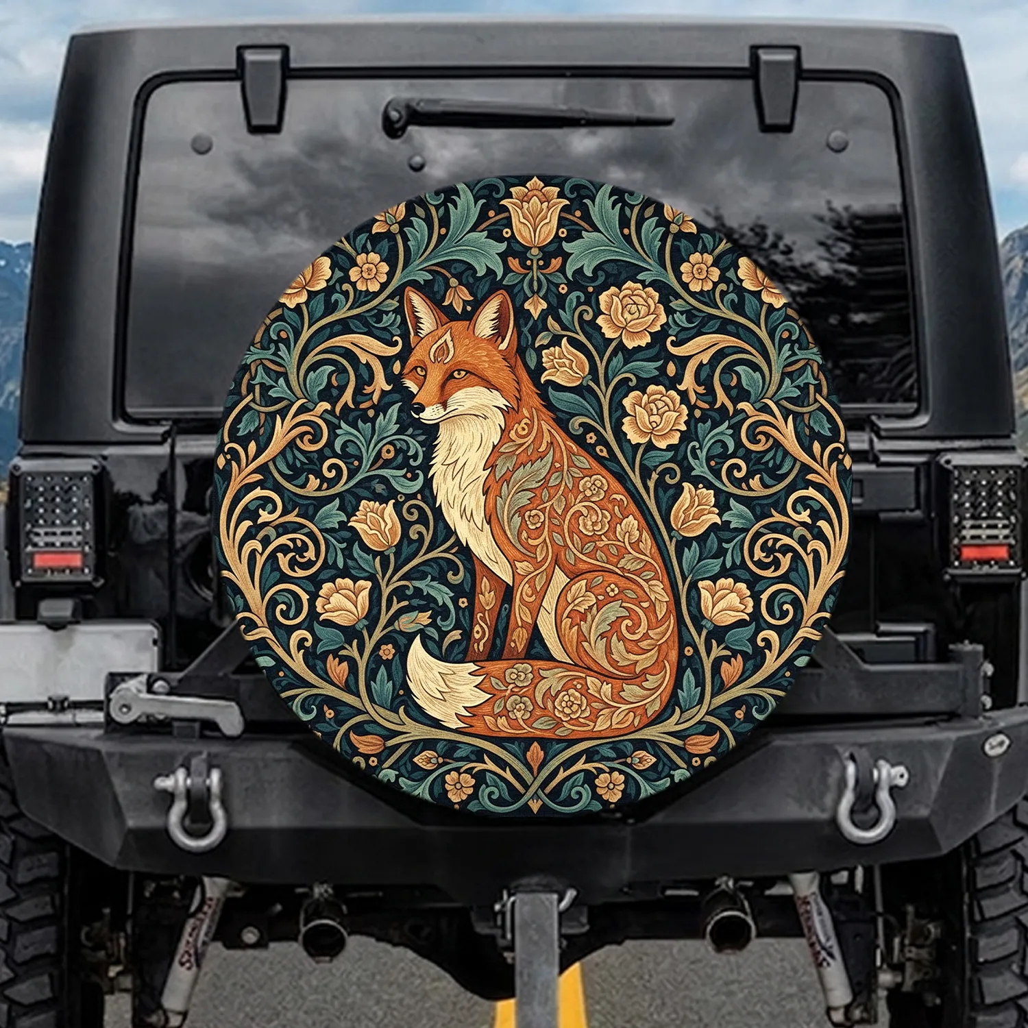 Red Fox Seated Arts Crafts Winding Floral Foliage Tapestry - Wildlife Lover Gift Spare Tire Cover - 1