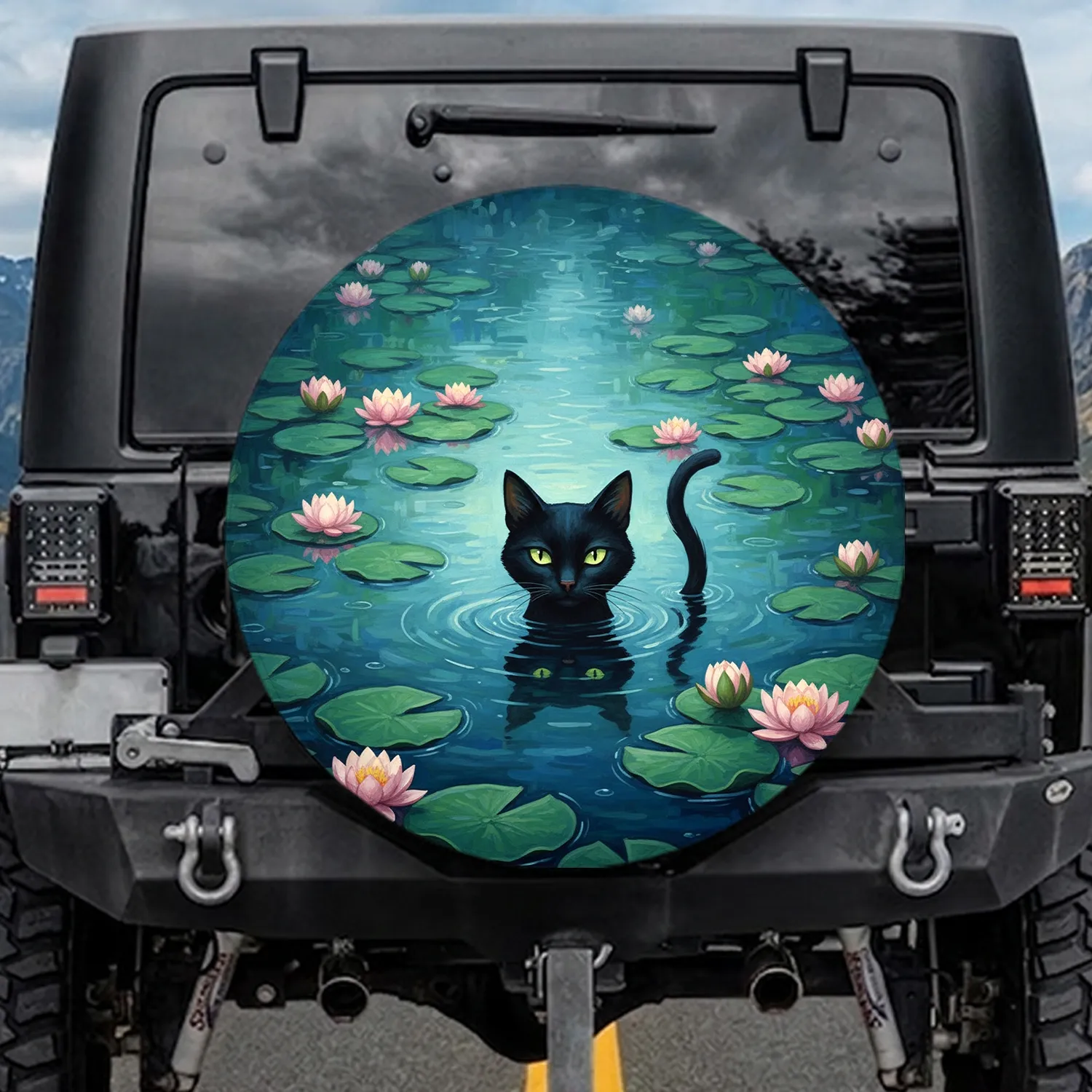 Black Cat Water Lilies Pond Scene - Home Decor Gift for Cat Lovers Spare Tire Cover - 1
