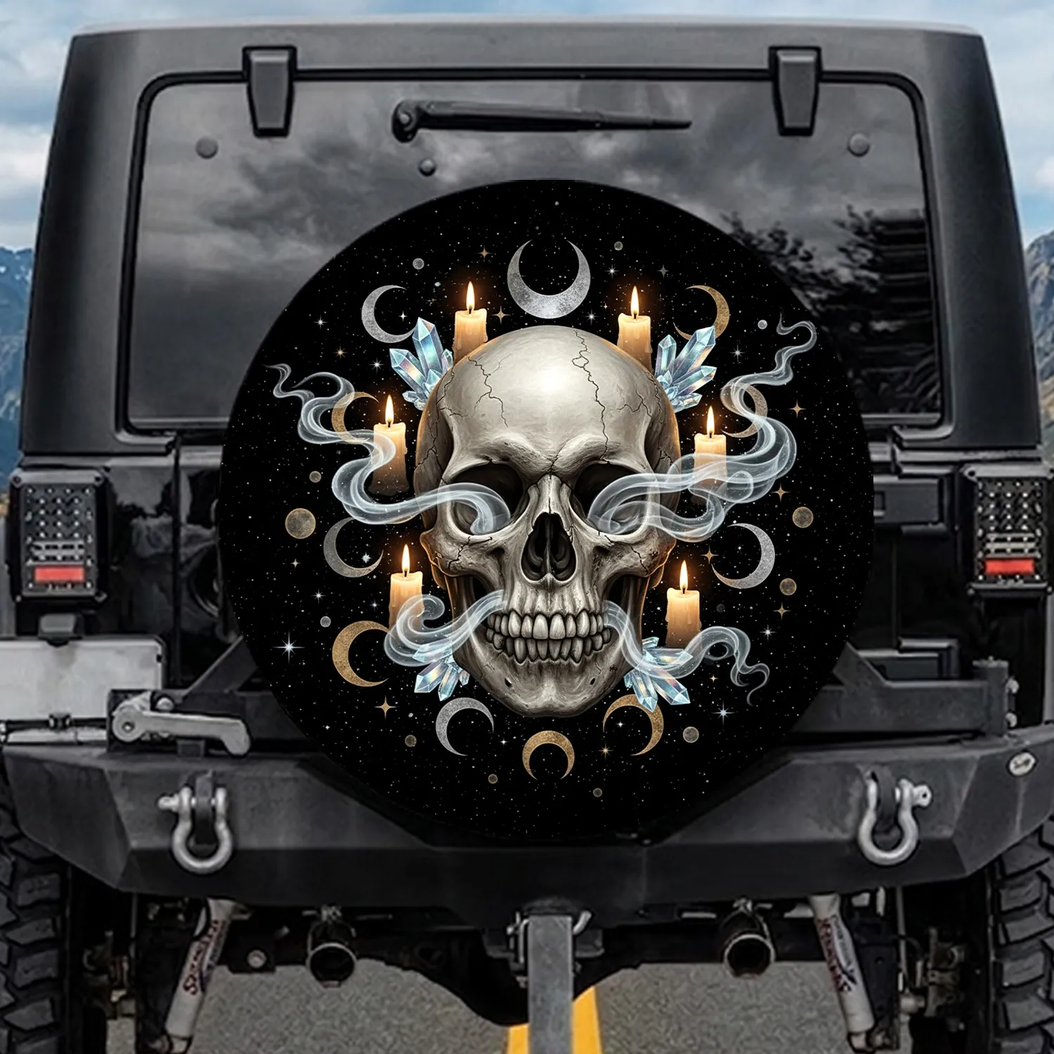 Weathered Skull Moons Stars Candles Crystals - Dark Fantasy Home Decor Gift Spare Tire Cover - 1