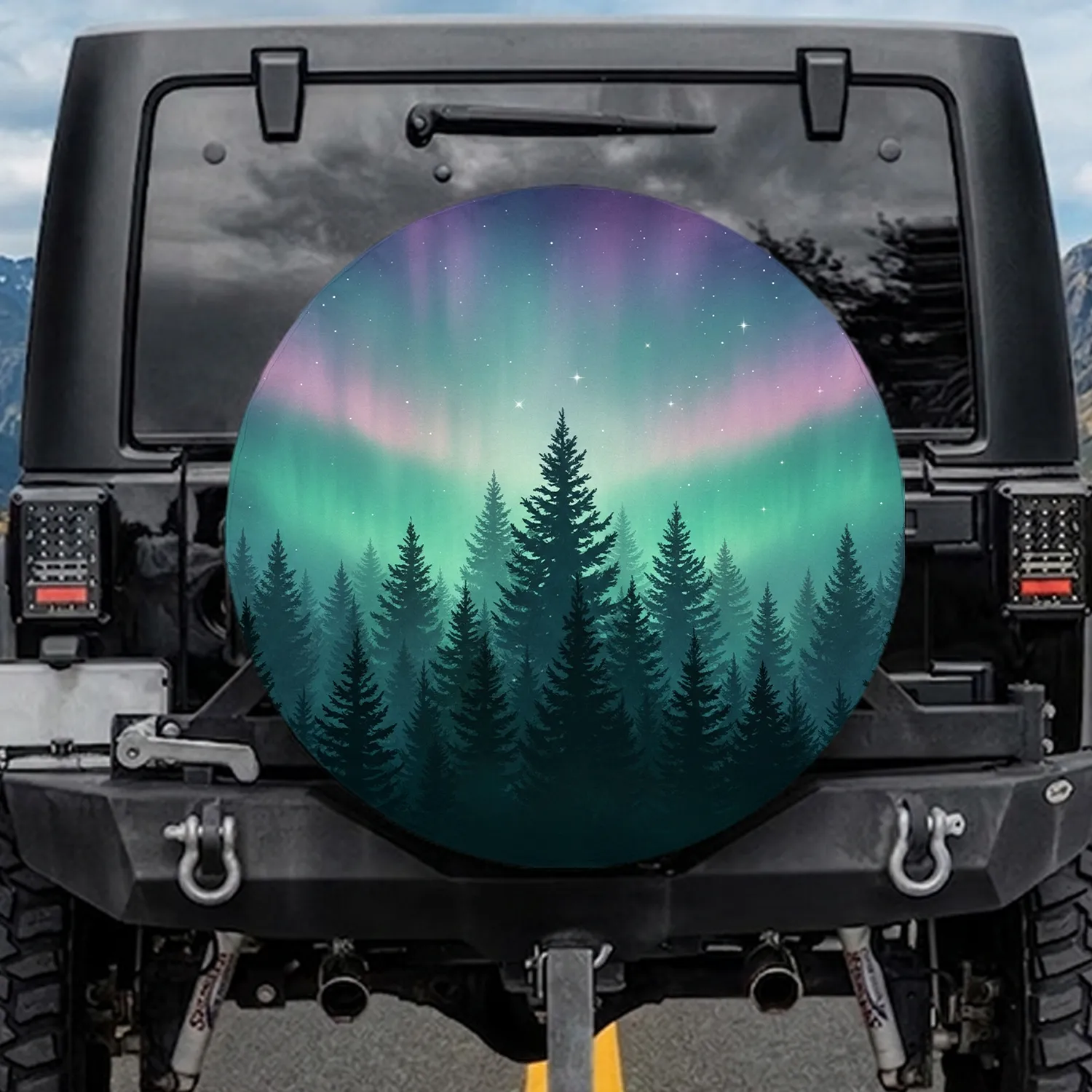 Evergreen Forest Aurora Borealis Night - Nature Lover Gift Spare Tire Cover - 1