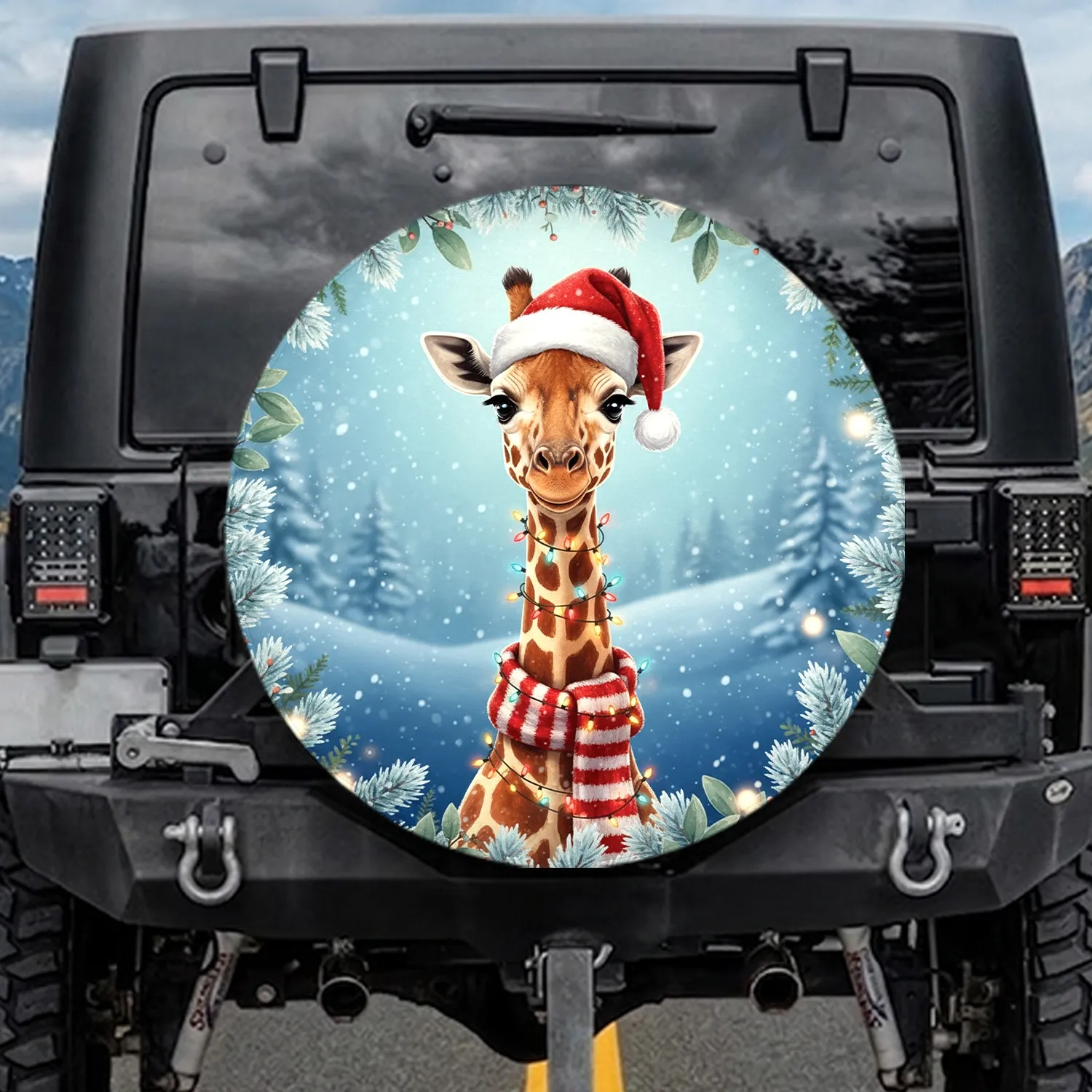 Giraffe Santa Hat Christmas Lights - Winter Wonderland Holiday Gift Spare Tire Cover - 1