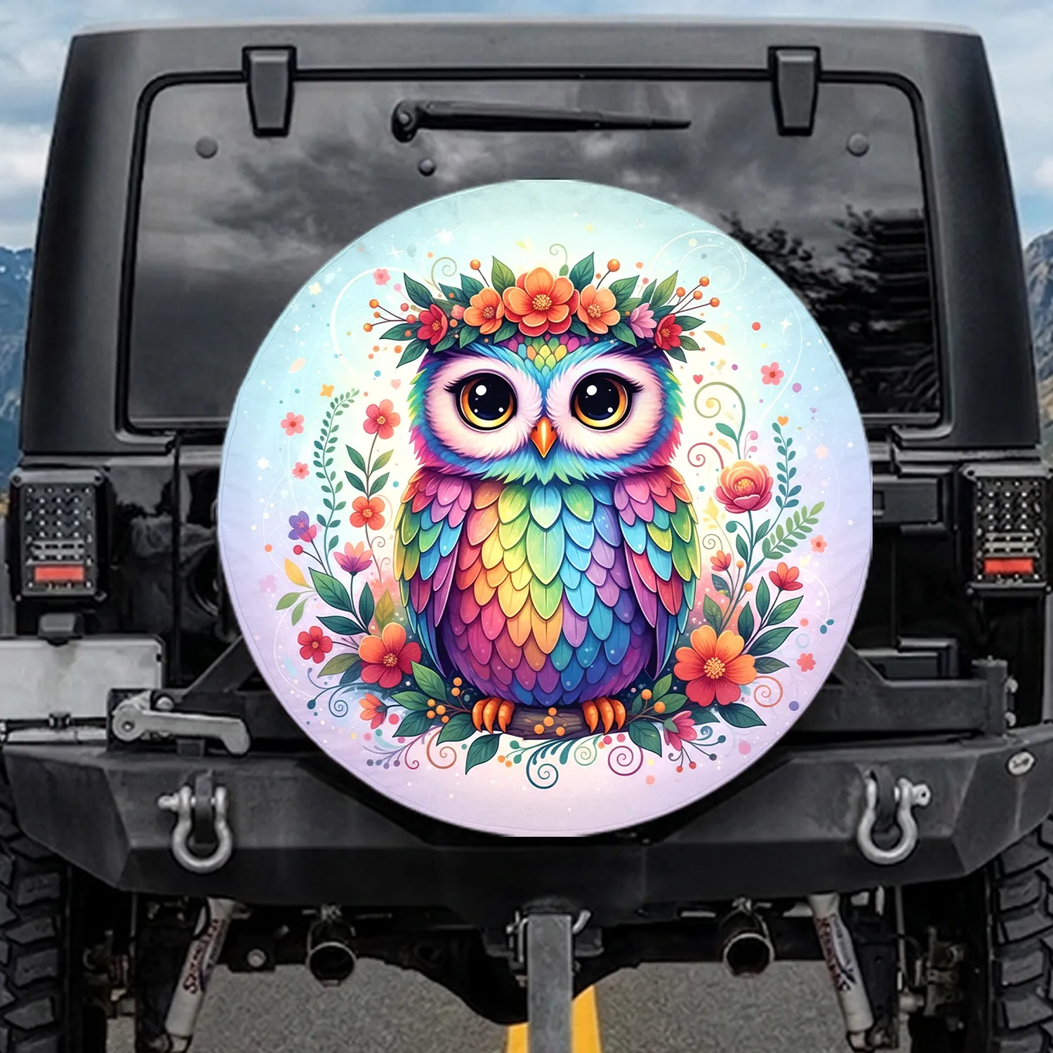Rainbow Owl Floral Crown - Owl Lover Home Decor Gift Spare Tire Cover - 1