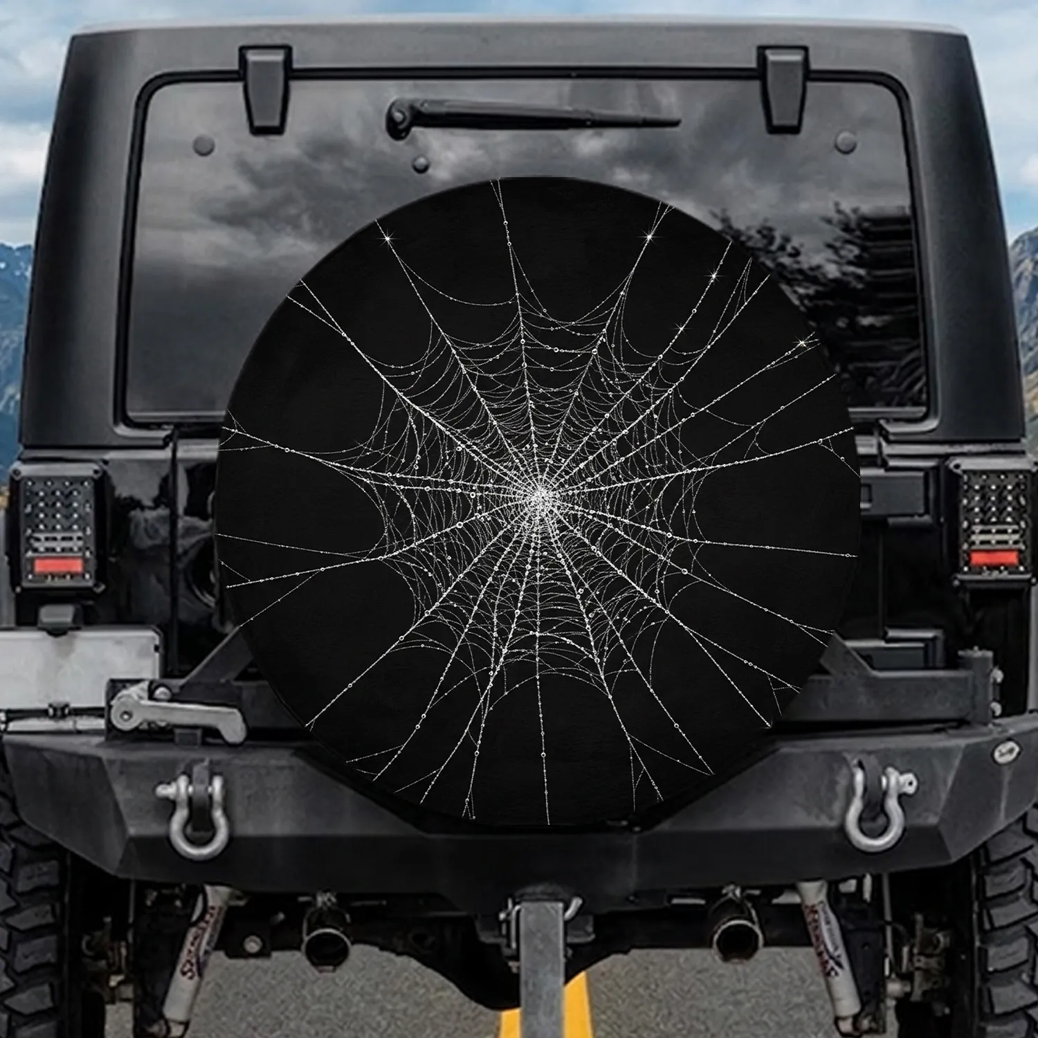 Intricate White Spider Web Black Decor - Halloween Party Gift for Horror Fan Spare Tire Cover - 1