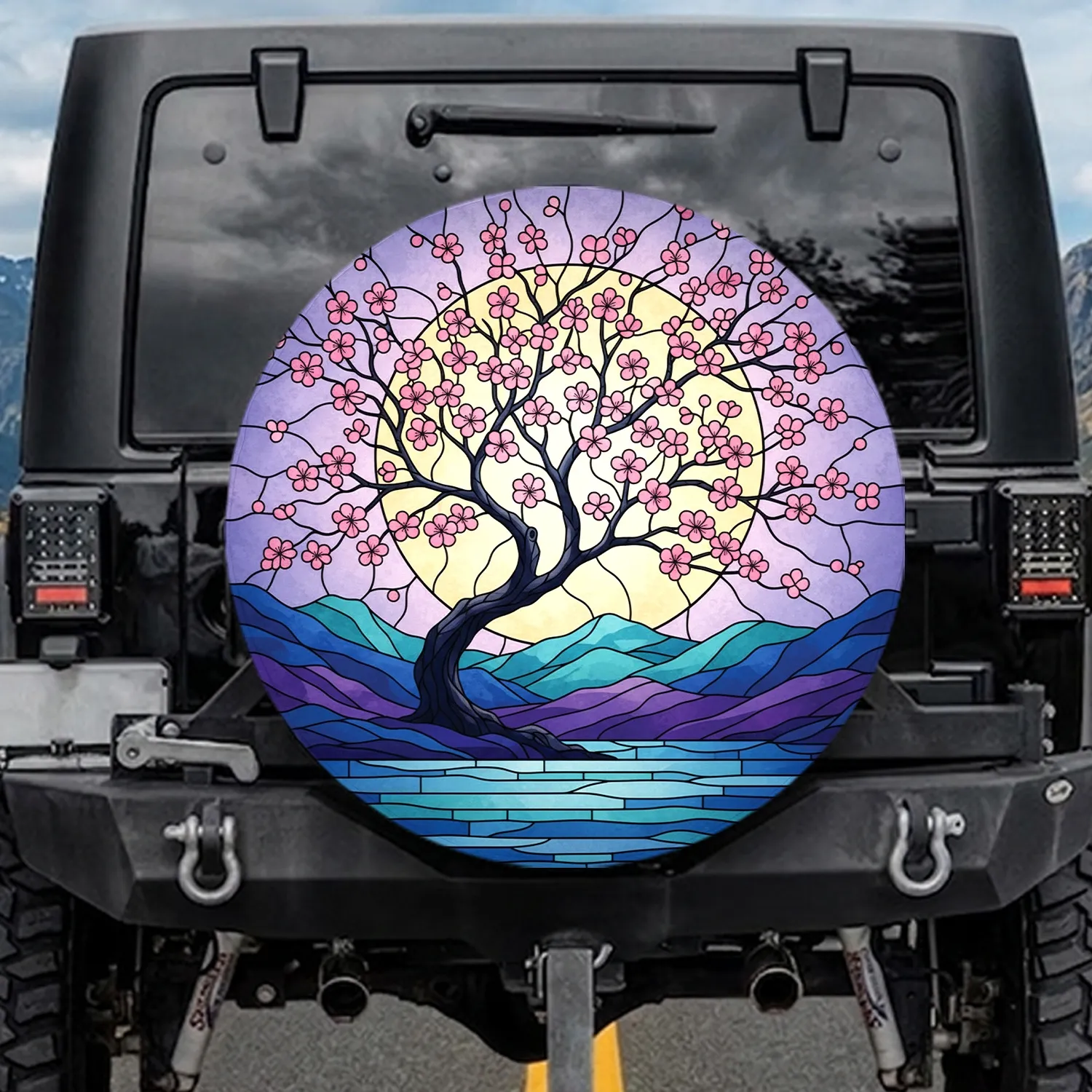 Pink Cherry Blossom Full Moon Mountain Lake Landscape - Nature Lover Gift Spare Tire Cover - 1