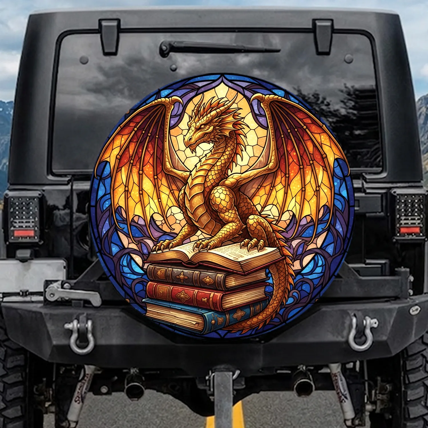 Golden-Scaled Dragon Vintage Books - Fantasy Lover Home Decor Gift Spare Tire Cover - 1