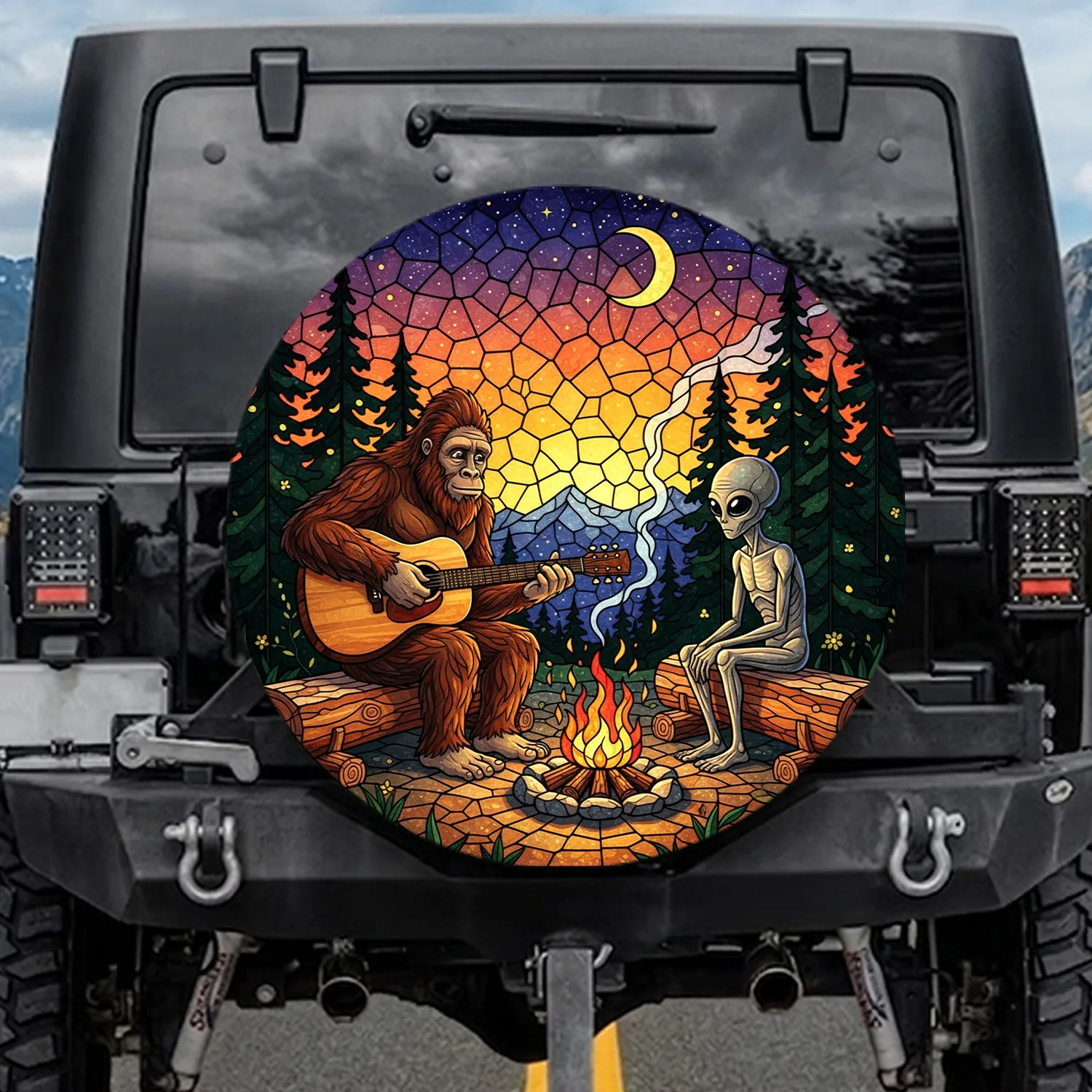 Bigfoot Alien Campfire Stargazing - Outdoor Adventure Gift Spare Tire Cover - 1