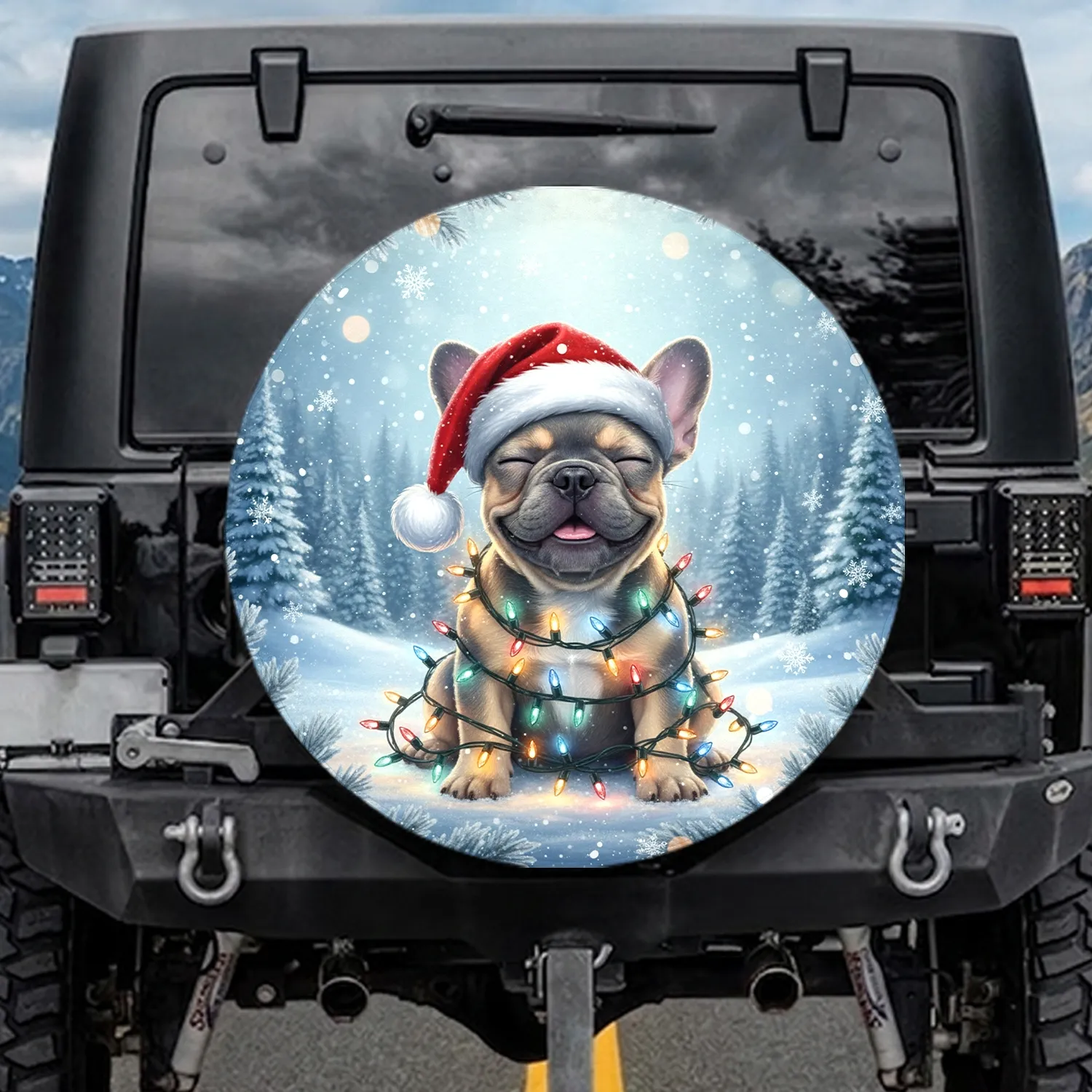 French Bulldog Puppy Christmas Lights Pine - Christmas Gift for French Bulldog Lover Spare Tire Cover - 1