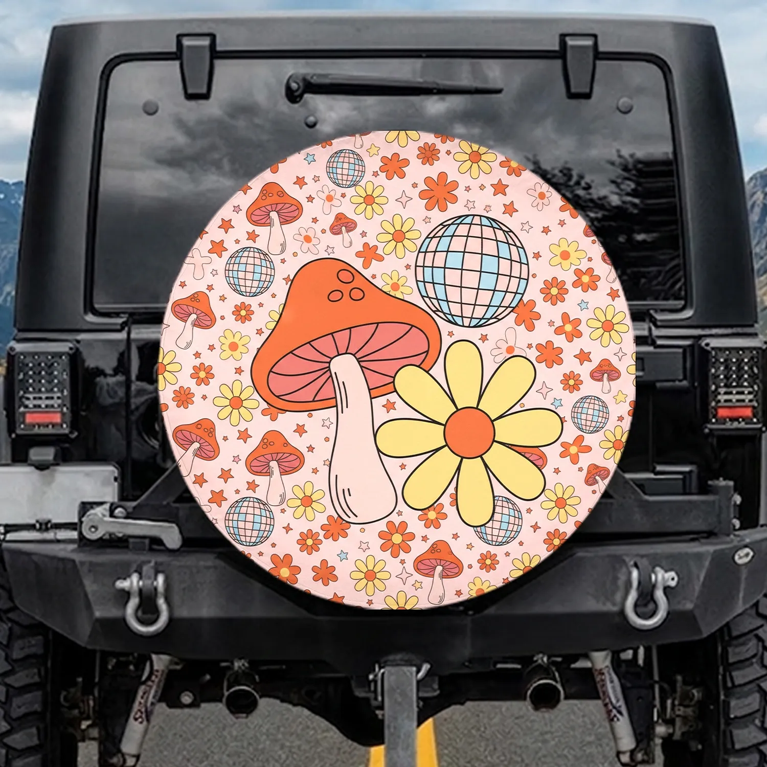 Mushroom Daisy Disco Ball Stars 1970s Groovy Home Decor Gift Spare Tire Cover - 1