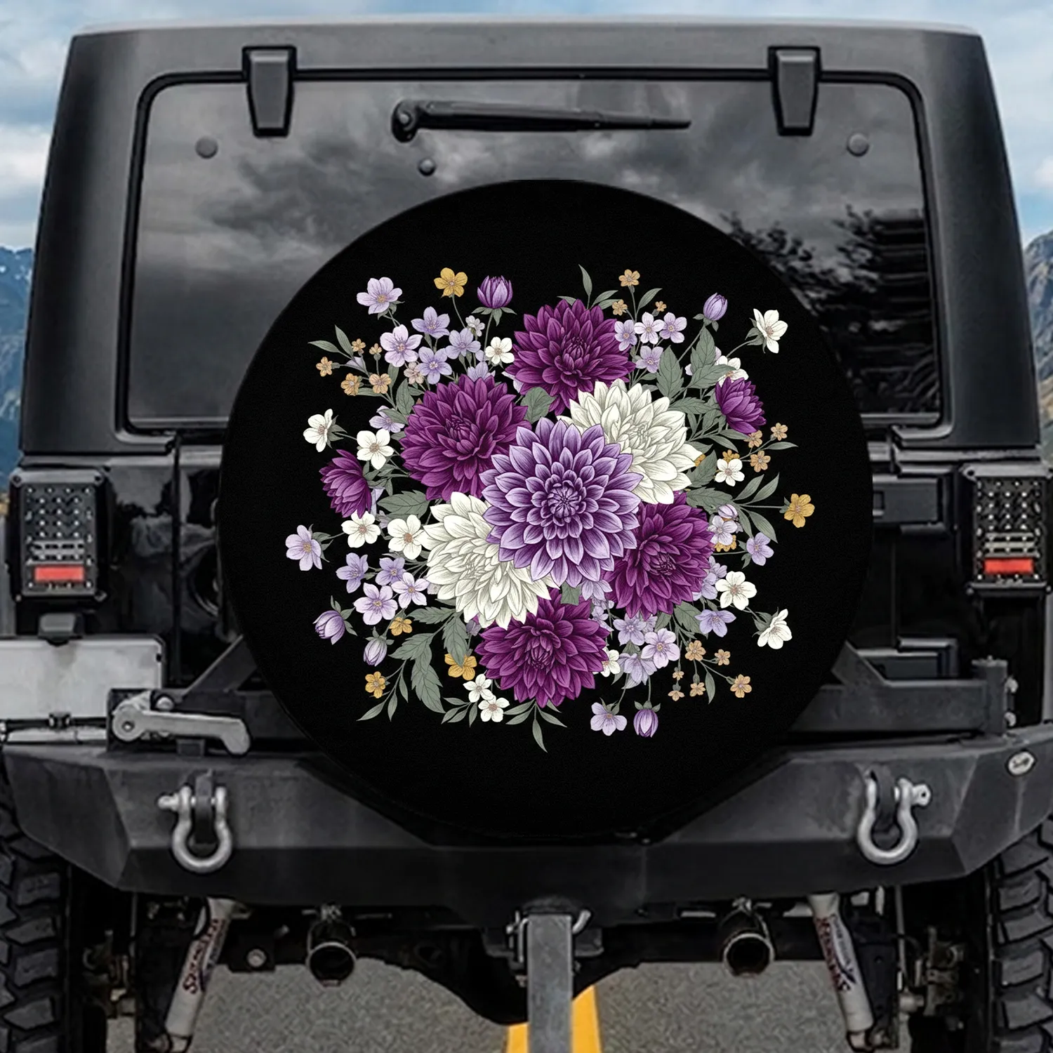 Purple White Dahlia Cascading Yellow Flowers Green Foliage - Home Decor Gift Spare Tire Cover - 1