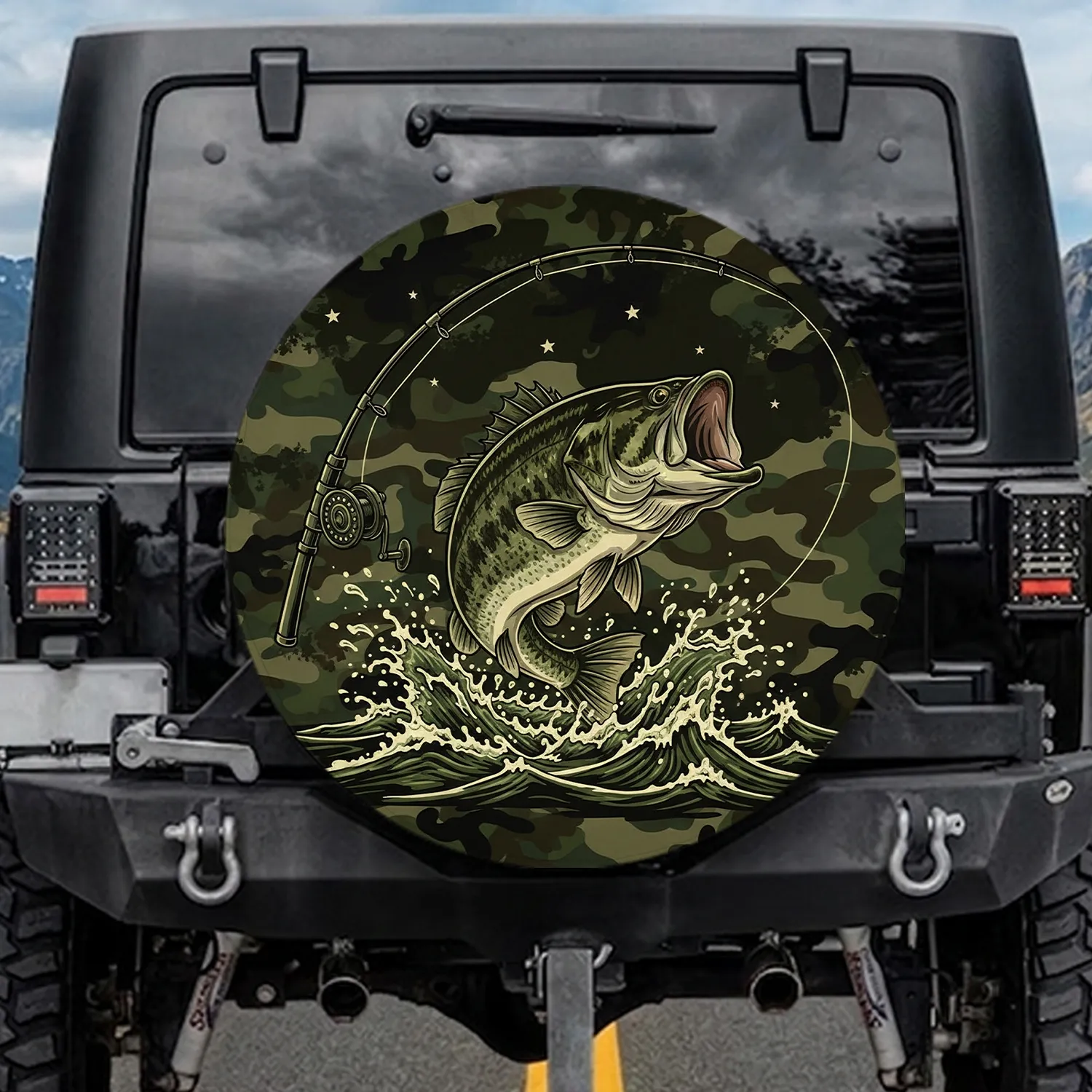 Leaping Bass Fish Fishing Rod Outdoor Sport Fishing Gift for Fishing Enthusiast Spare Tire Cover - 1