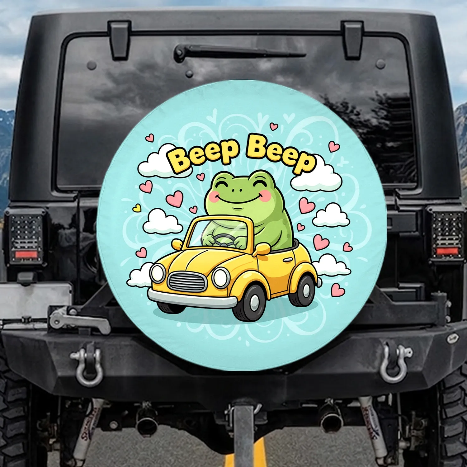 Chubby Green Frog Yellow Vintage Car Beep Beep Hearts Clouds - Car Lover Travel Gift Spare Tire Cover - 1