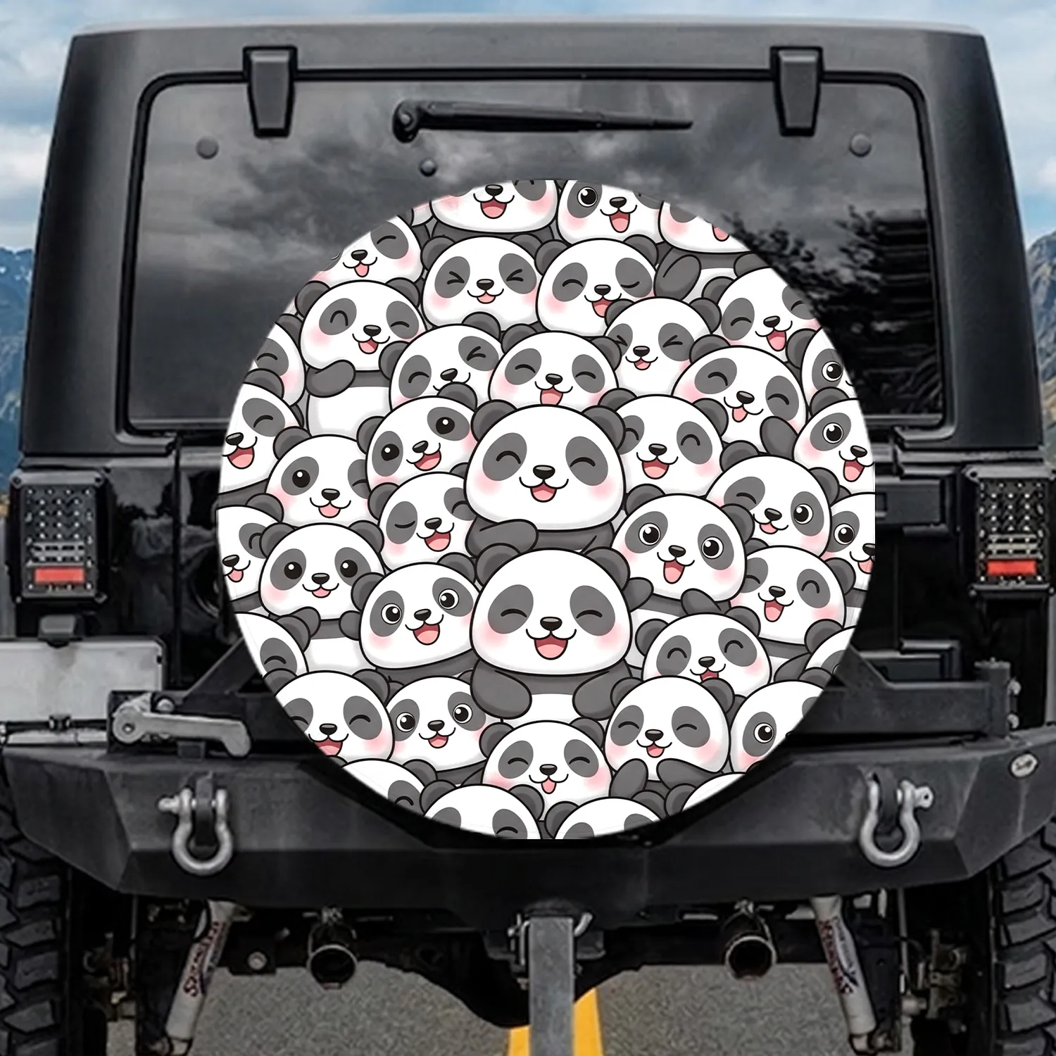 Cartoon Panda Faces Dense Crowd - Panda Lover Gift Spare Tire Cover - 1