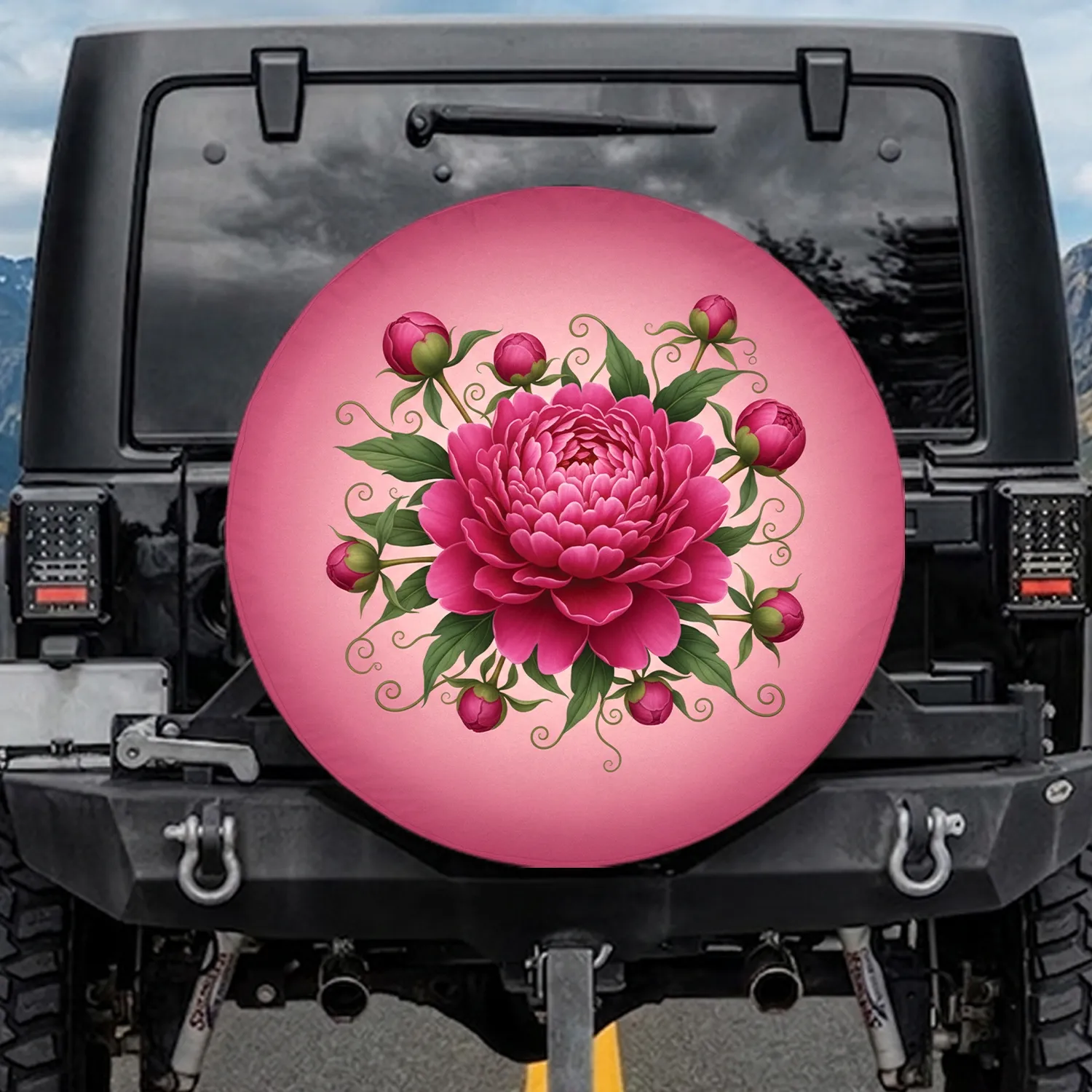 Fuchsia Peony Bloom Emerald Leaves - Home Decor Gift for Garden Lover Spare Tire Cover - 1