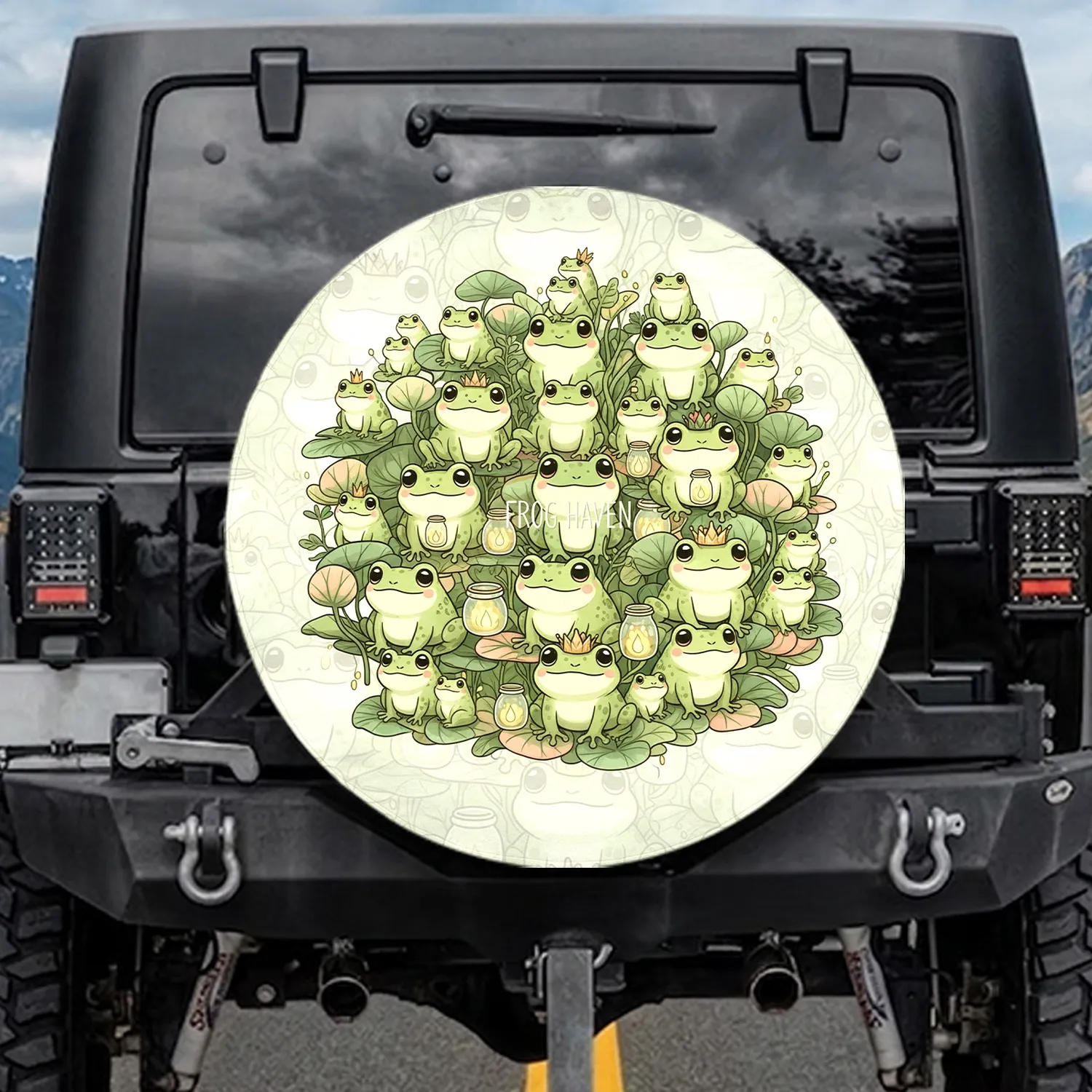 Stacked Various Sizes Cartoon Frogs Lily Pads - Outdoor Decor Gift for Amphibian Lover Spare Tire Cover - 1