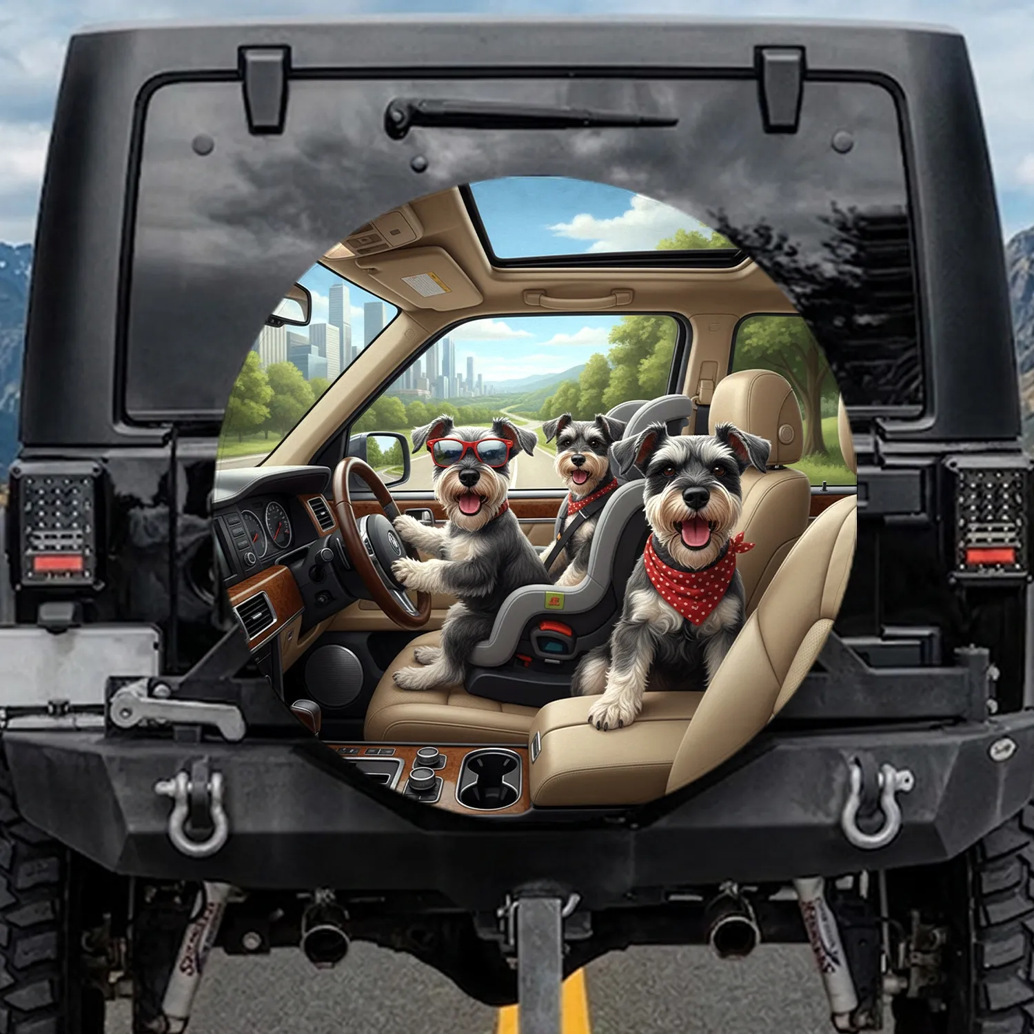 Three Schnauzer Dogs Driving Vehicle Interior Journey - Travel Gift for Dog Lovers Spare Tire Cover - 1