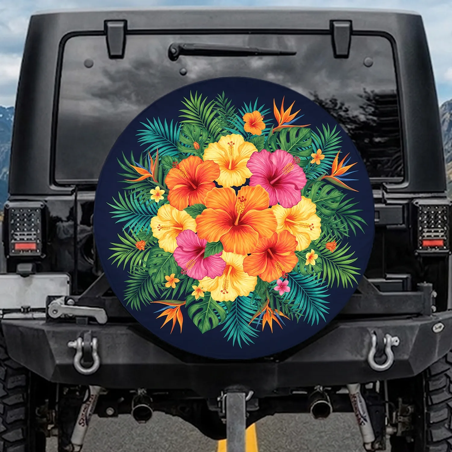 Hibiscus Flowers Palm Fronds Tropical Leaves Home Decor Gift Spare Tire Cover - 1