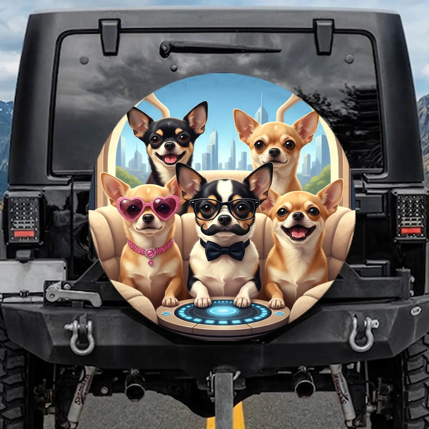 Mustache Glasses Bowtie Chihuahuas Cityscape Adventure - Travel Essentials for Dog Lovers Spare Tire Cover - 1