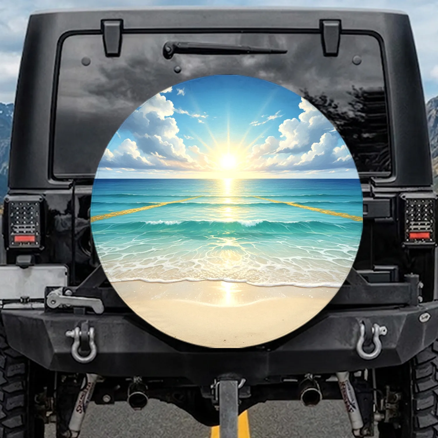 Sun-Drenched Tropical Beach Ocean Sandy Shore Cumulus Clouds - Travel Essentials Spare Tire Cover - 1