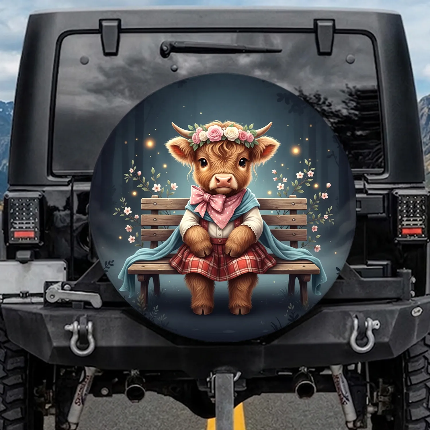 Baby Highland Cow Rose Wreath Wooden Bench - Farmhouse Decor Gift for Cow Lover Spare Tire Cover - 1