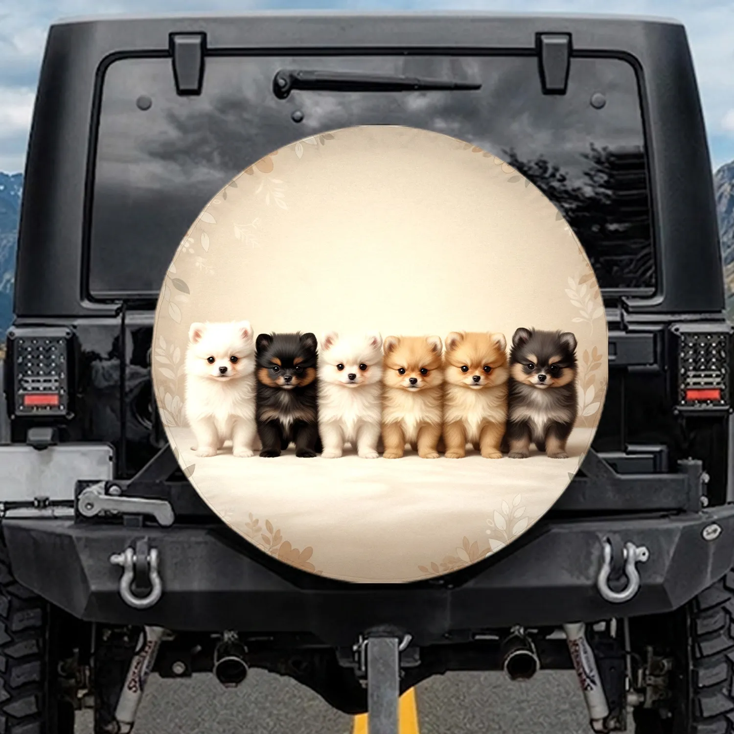Seven Pomeranian Puppies - Home Decor Gift for Dog Lover Spare Tire Cover - 1