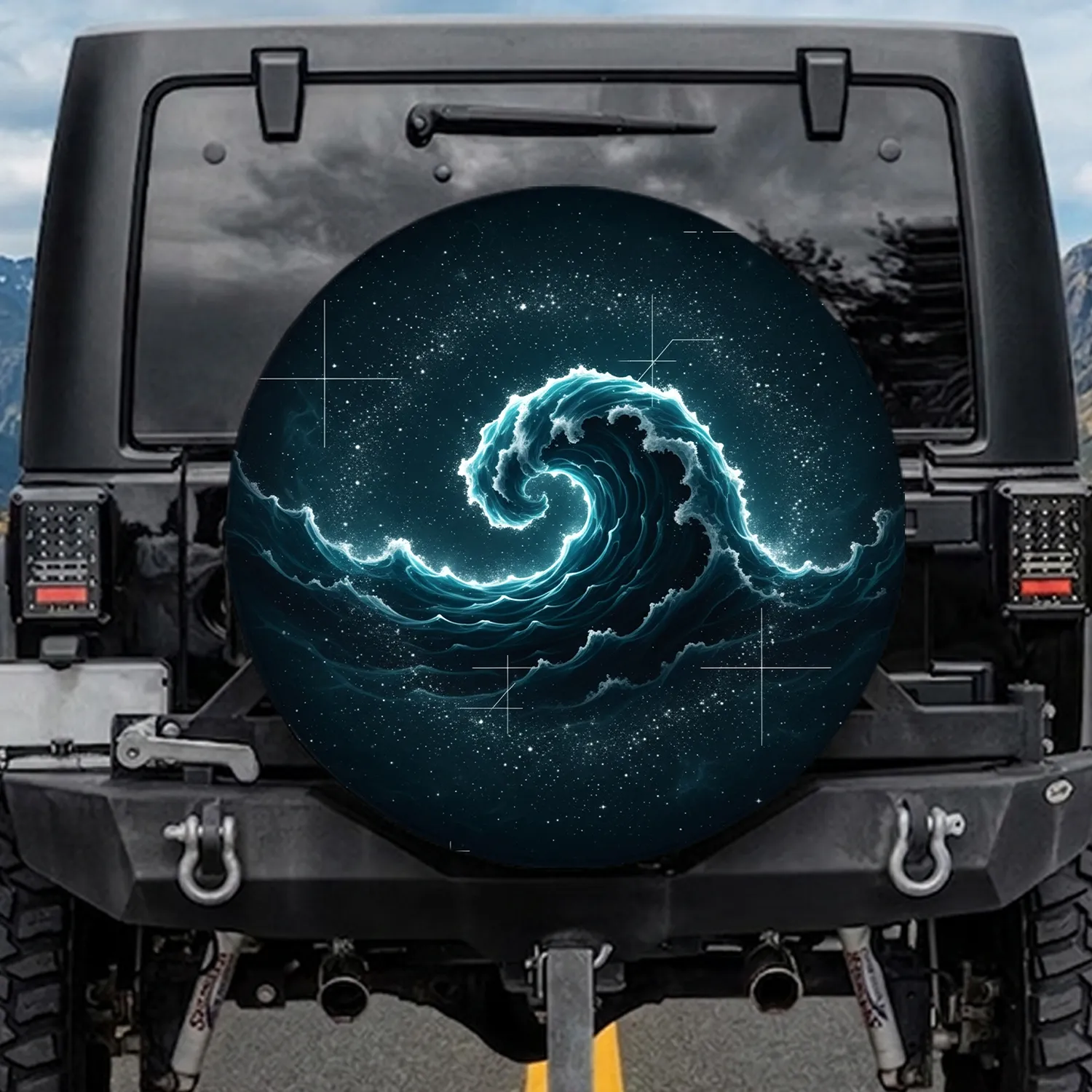 Deep Teal Blue Wave Stars Geometric Lines - Automotive Accessory Gift Spare Tire Cover - 1