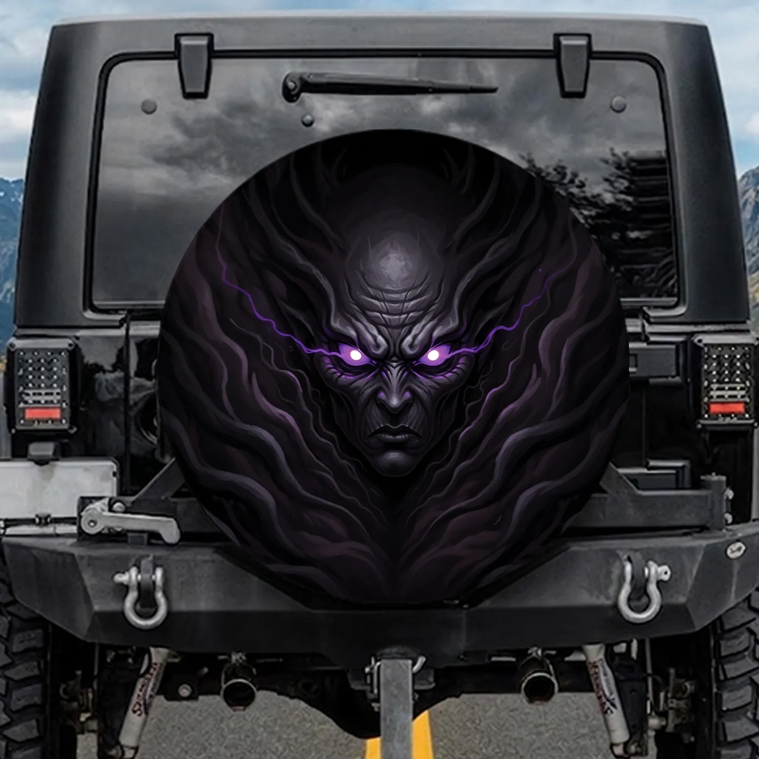 Sinister Dark Creature Face Purple Eyes Shadowy Aura Charcoal Black - Gothic Decor Gift Spare Tire Cover - 1