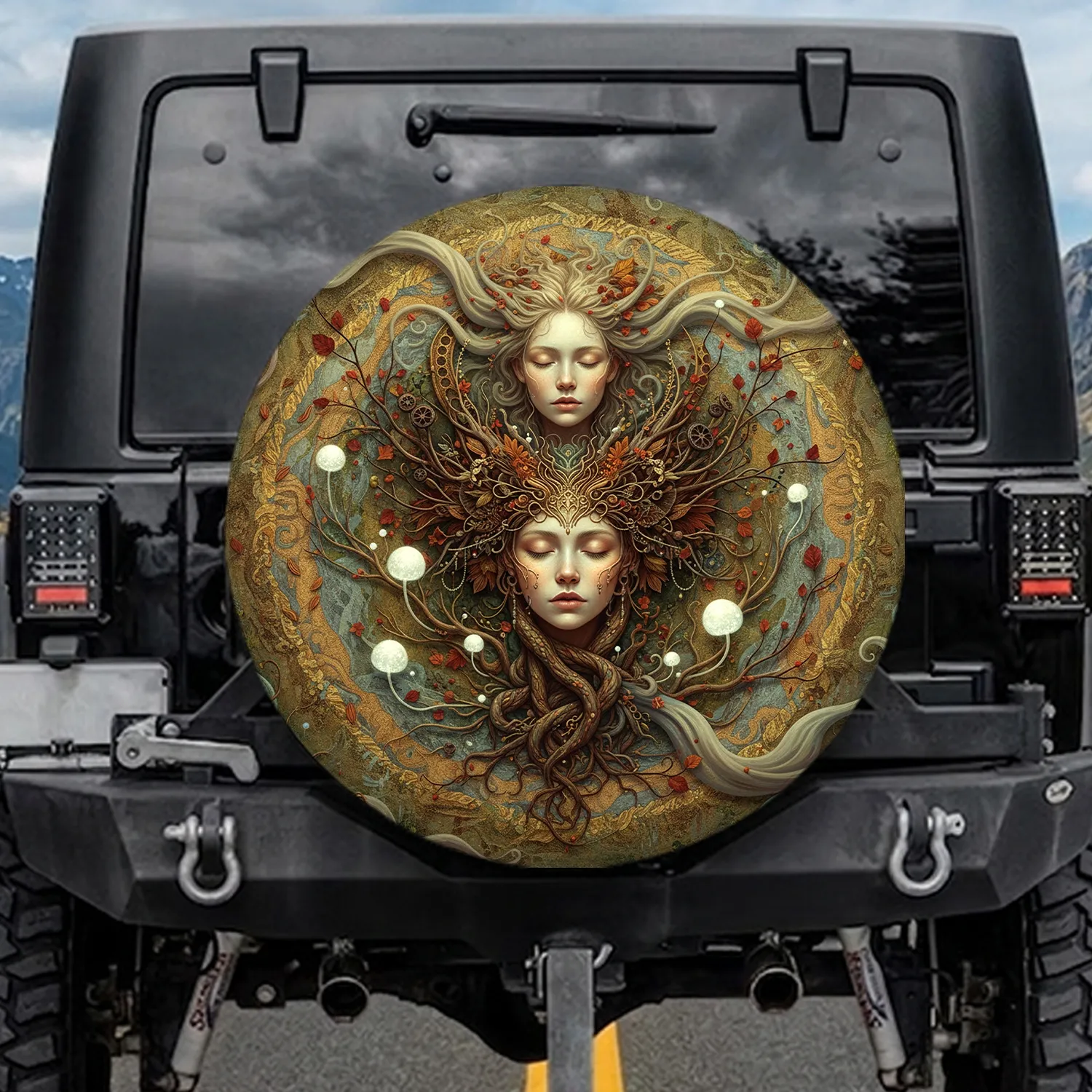 Female Faces Roots Botanicals Autumn Leaves Mushrooms - Home Decor Gift for Her Spare Tire Cover - 1