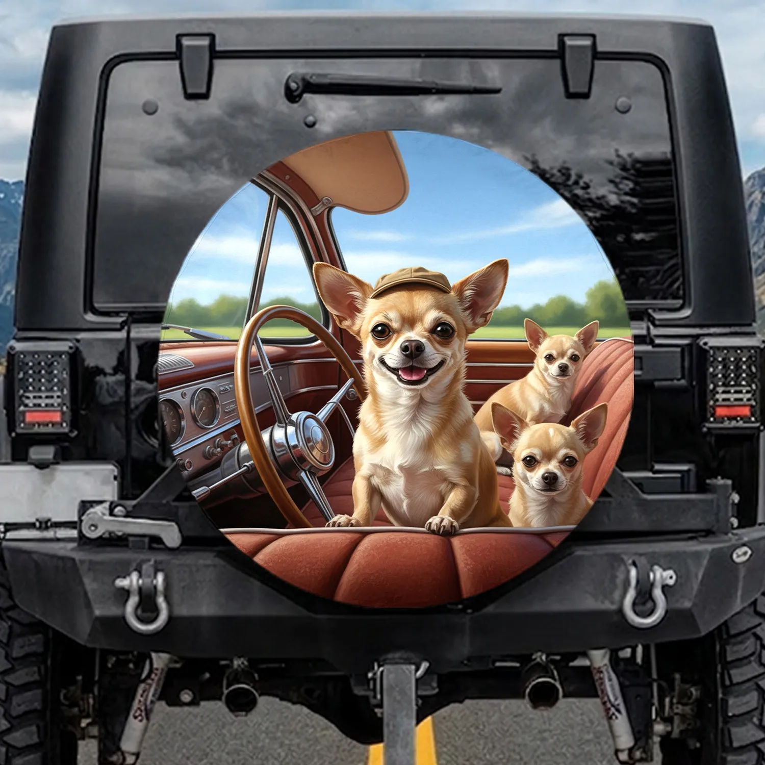 Chihuahua Dog Driving Vintage Car Sky Scene - Road Trip Accessory for Dog Lovers Spare Tire Cover - 1