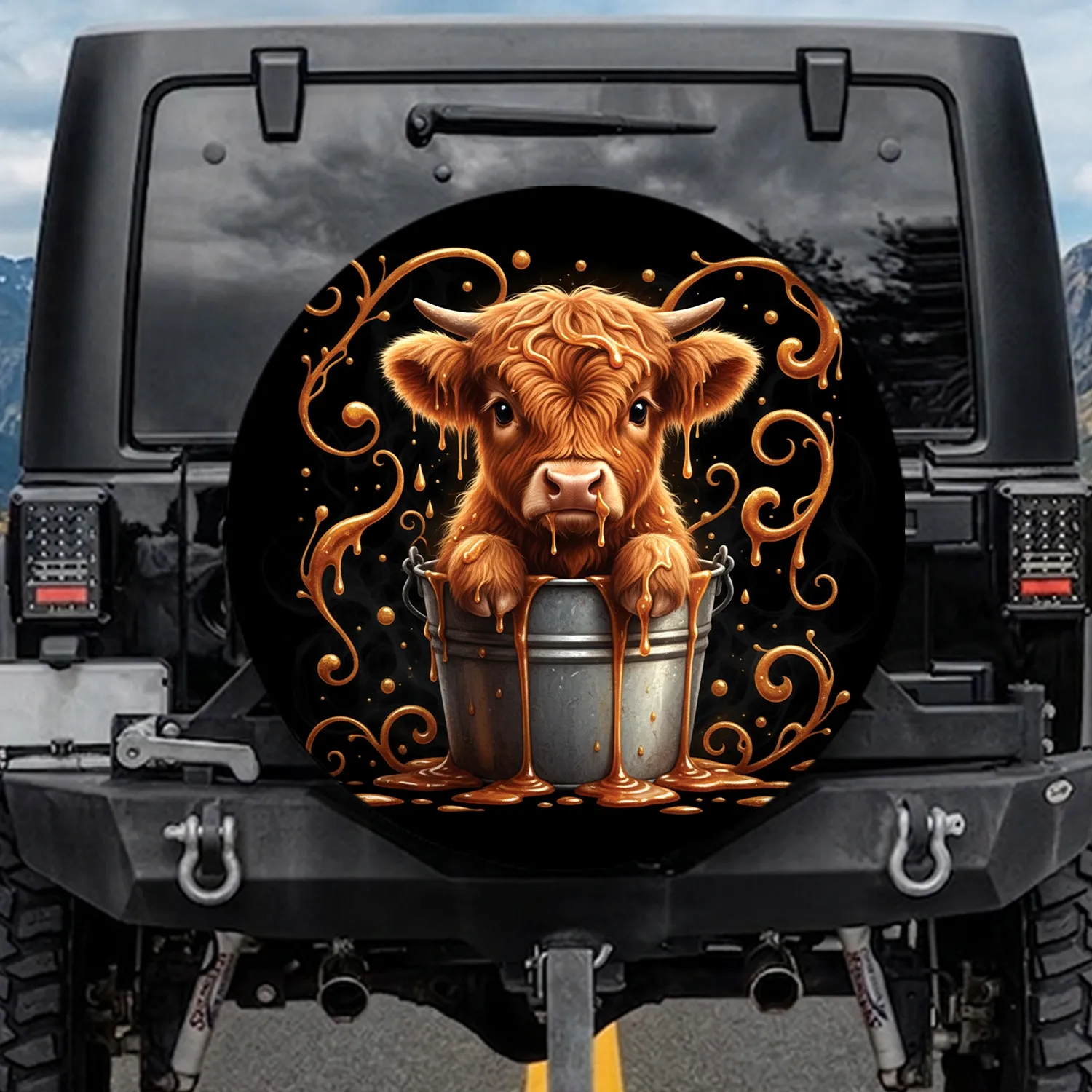Highland Cow Caramel Bucket Farmhouse Home Decor Gift for Cow Lover Spare Tire Cover - 1
