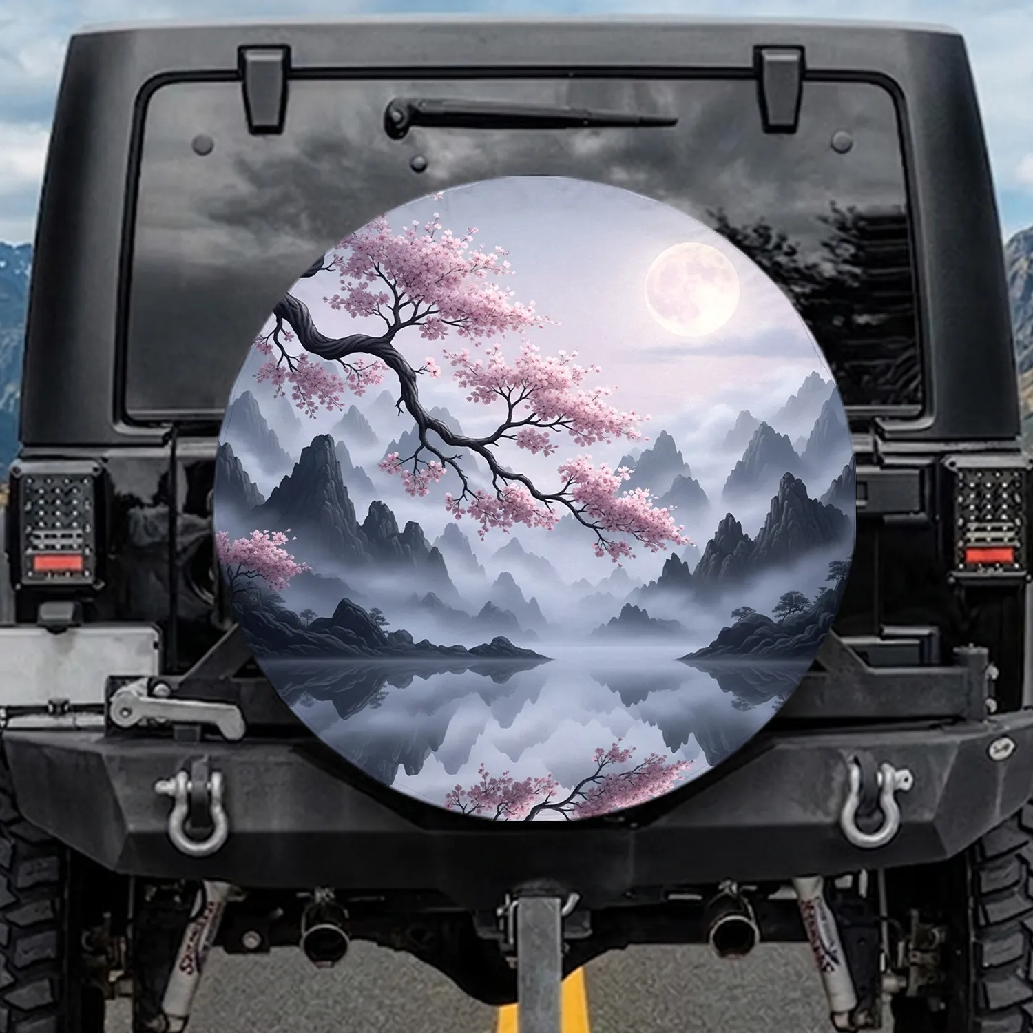 Cherry Blossom Branch Misty Mountain Moon Landscape - Nature Lover Gift Spare Tire Cover - 1