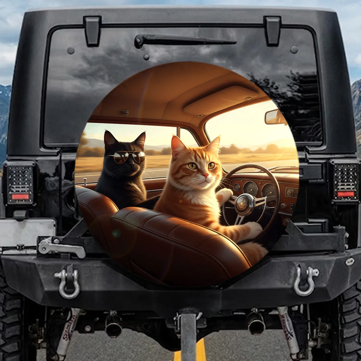 Golden Hour Driving Cats Sunglasses Car Highway - Road Trip Adventure Lover Gift Spare Tire Cover - 1