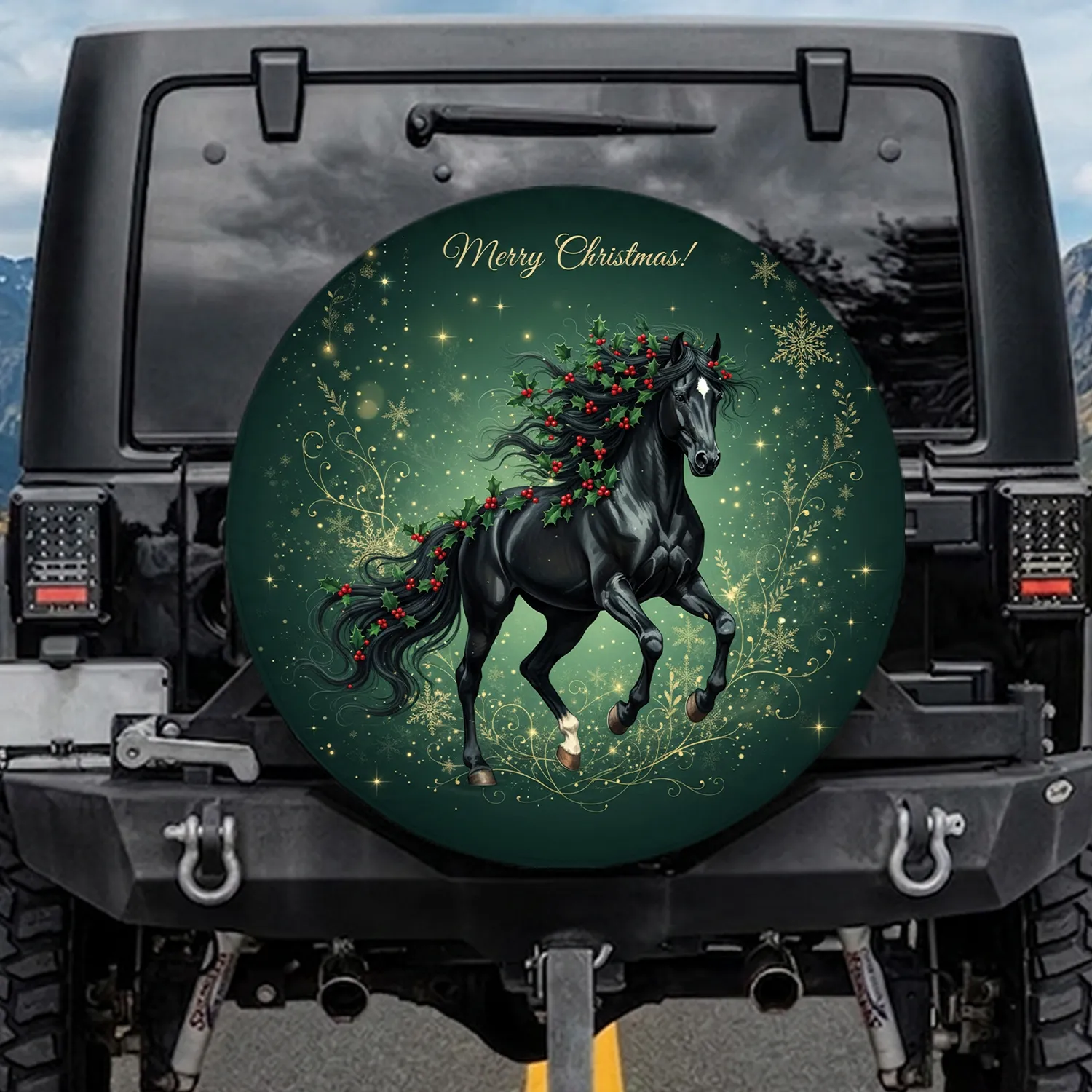 Horse Holly Berries Gold Snowflakes Christmas - Winter Holiday Decor Spare Tire Cover - 1
