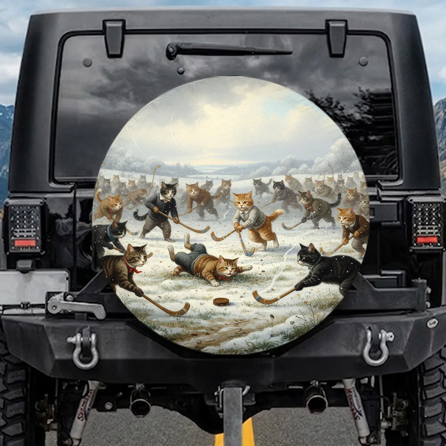 Anthropomorphic Cats Field Hockey Winter Game - Cat Lover Gift for Pet Owners Spare Tire Cover - 1