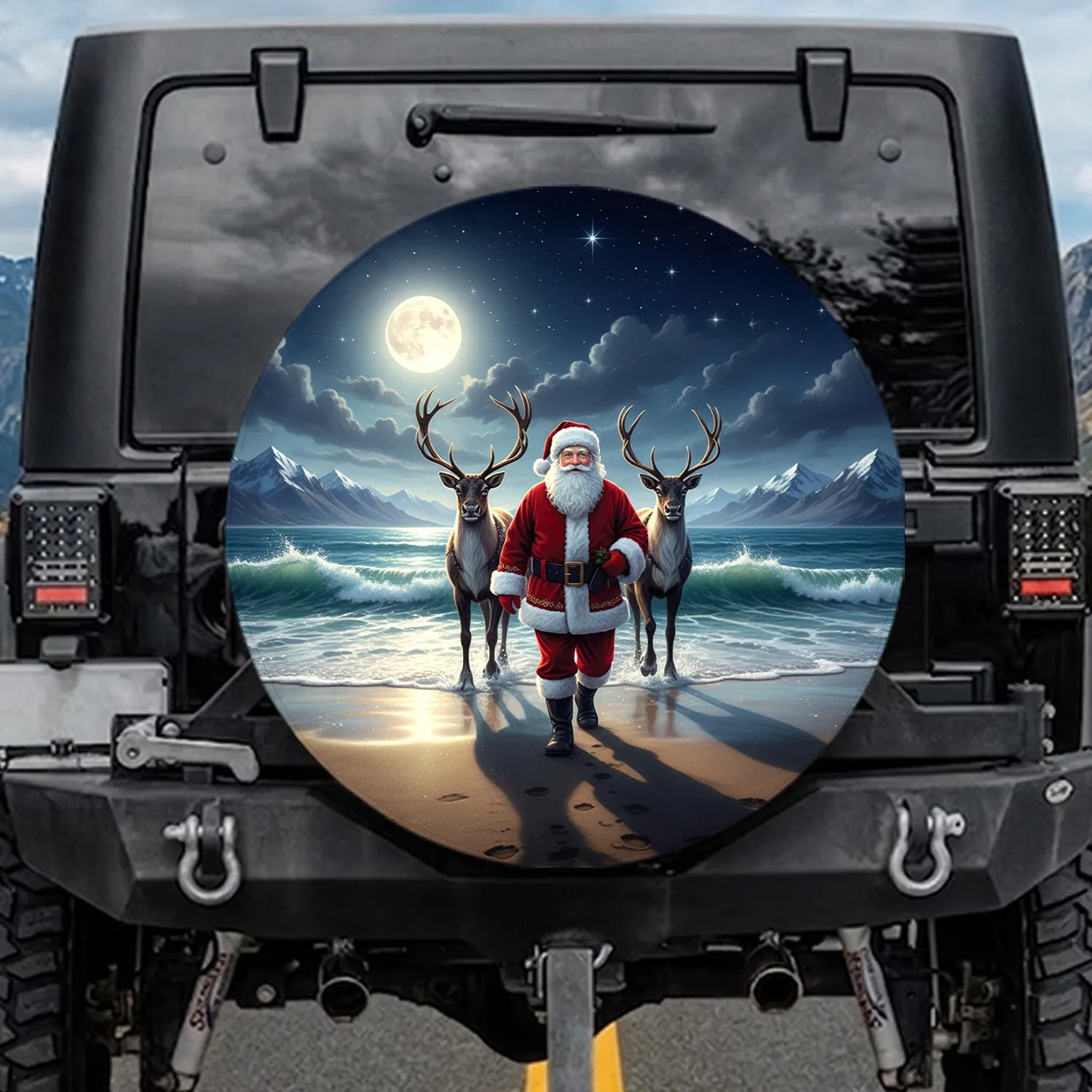 Santa Claus Reindeer Ocean Beach - Christmas Gift for Santa Lover Spare Tire Cover - 1