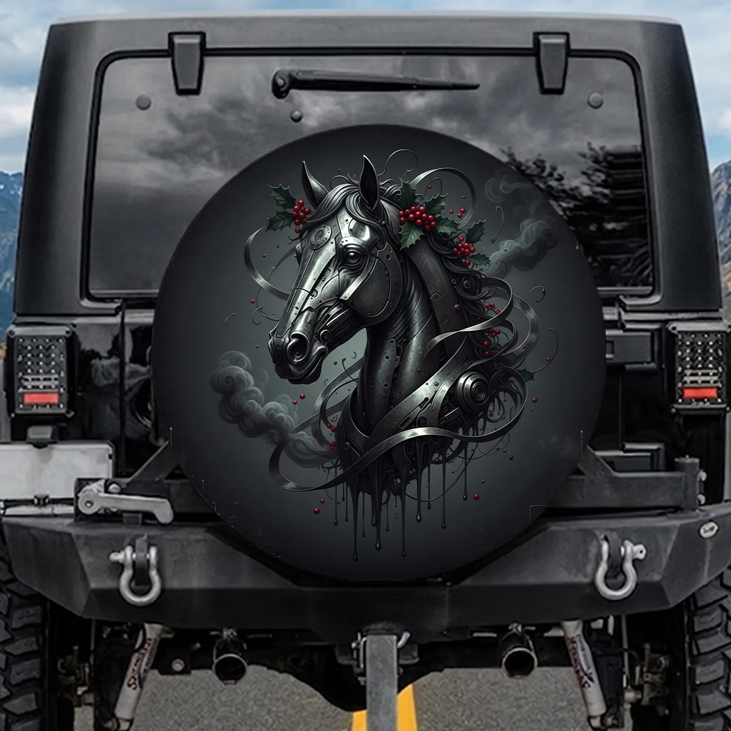 Dark Industrial Horse Head Holly Berries - Christmas Gift for Horse Lover Spare Tire Cover - 1