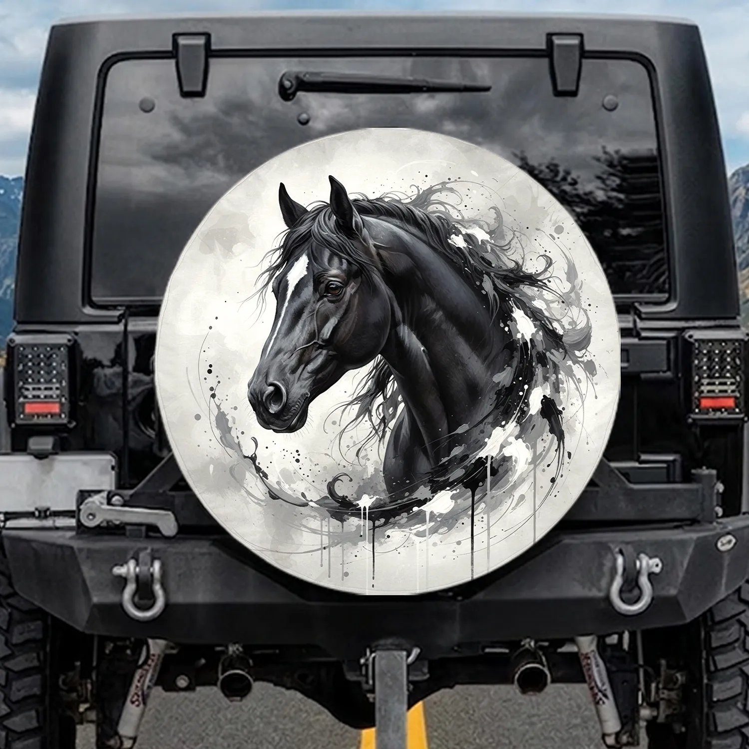 Black Horse Head Profile Swirls Paint Drips - Home Decor Gift for Horse Lover Spare Tire Cover - 1