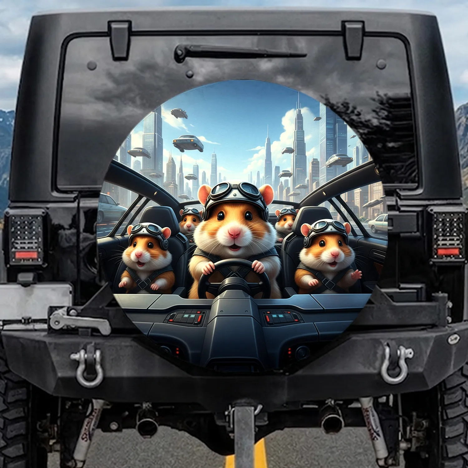 Hamsters in Futuristic Car Cityscape - Travel Essentials Gift for Hamster Lover Spare Tire Cover - 1