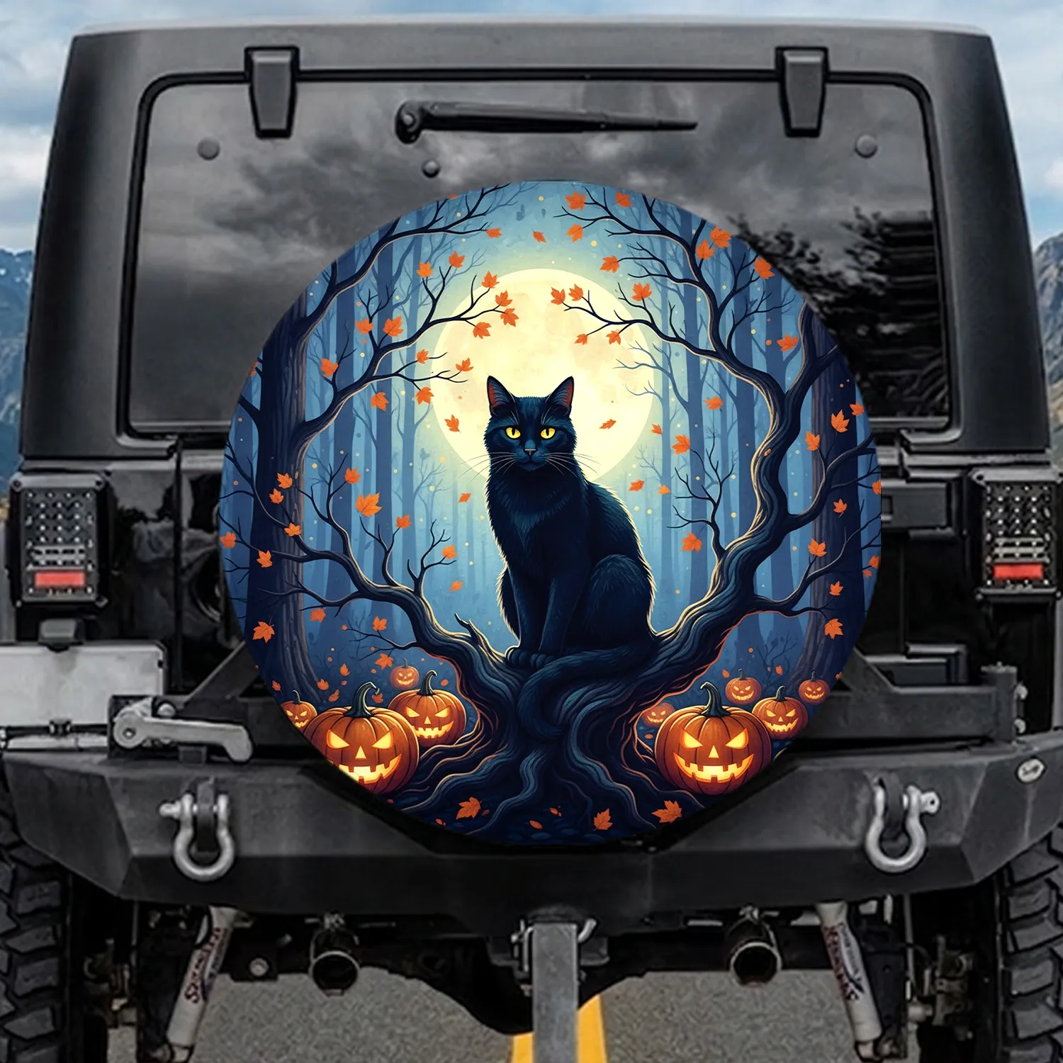 Black Cat Jack-o'-lanterns Spooky Trees Moon - Halloween Cat Lover Gift Spare Tire Cover - 1
