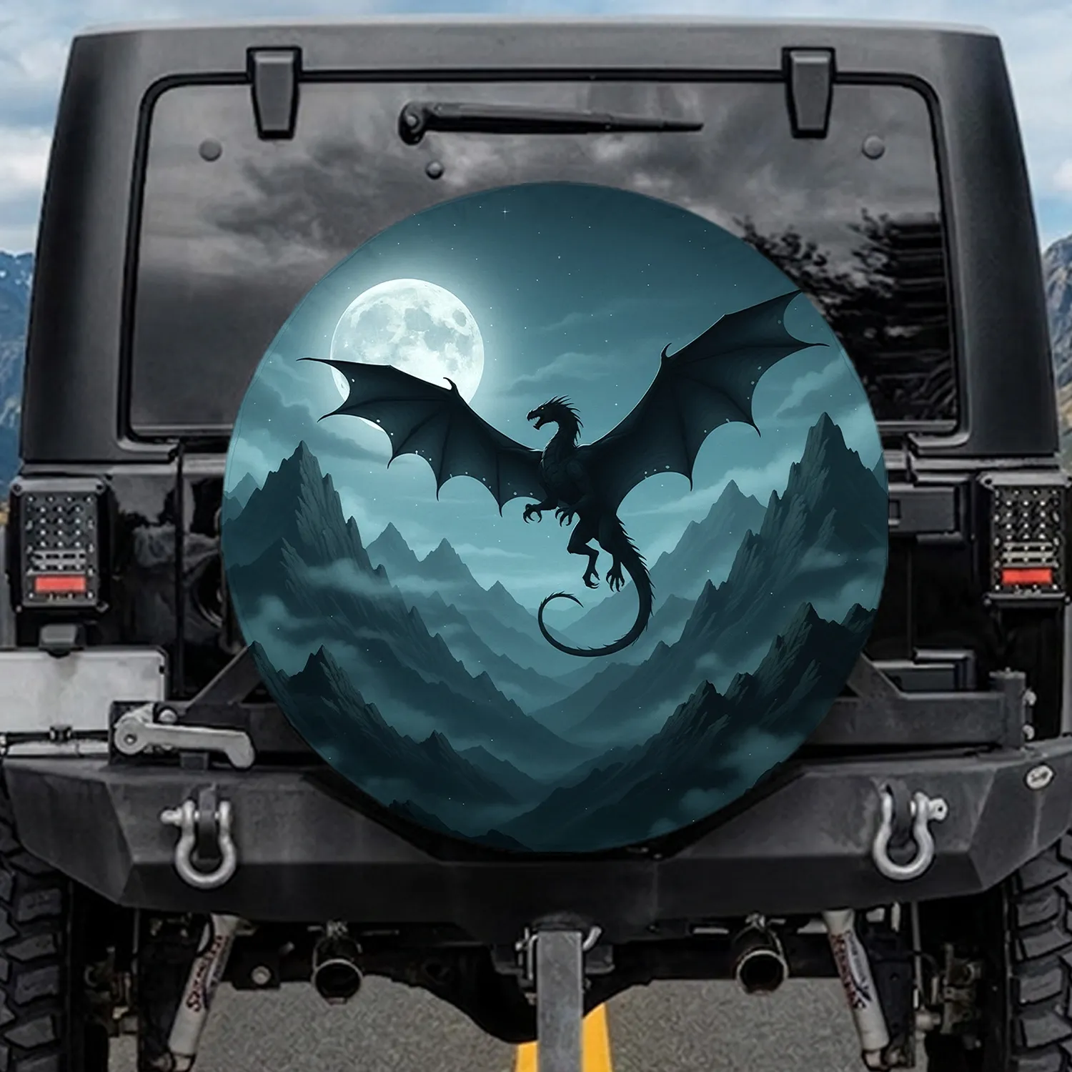 Winged Dragon Silhouette Moon Mountains - Outdoor Adventure Gift Spare Tire Cover - 1