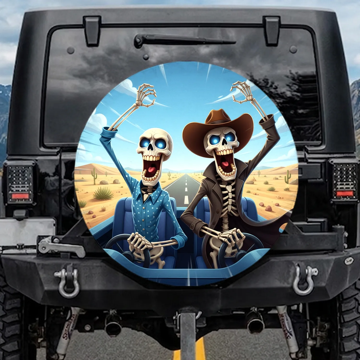 Exaggerated Skeletons Desert Road Trip - Adventure Travel Gift Spare Tire Cover - 1