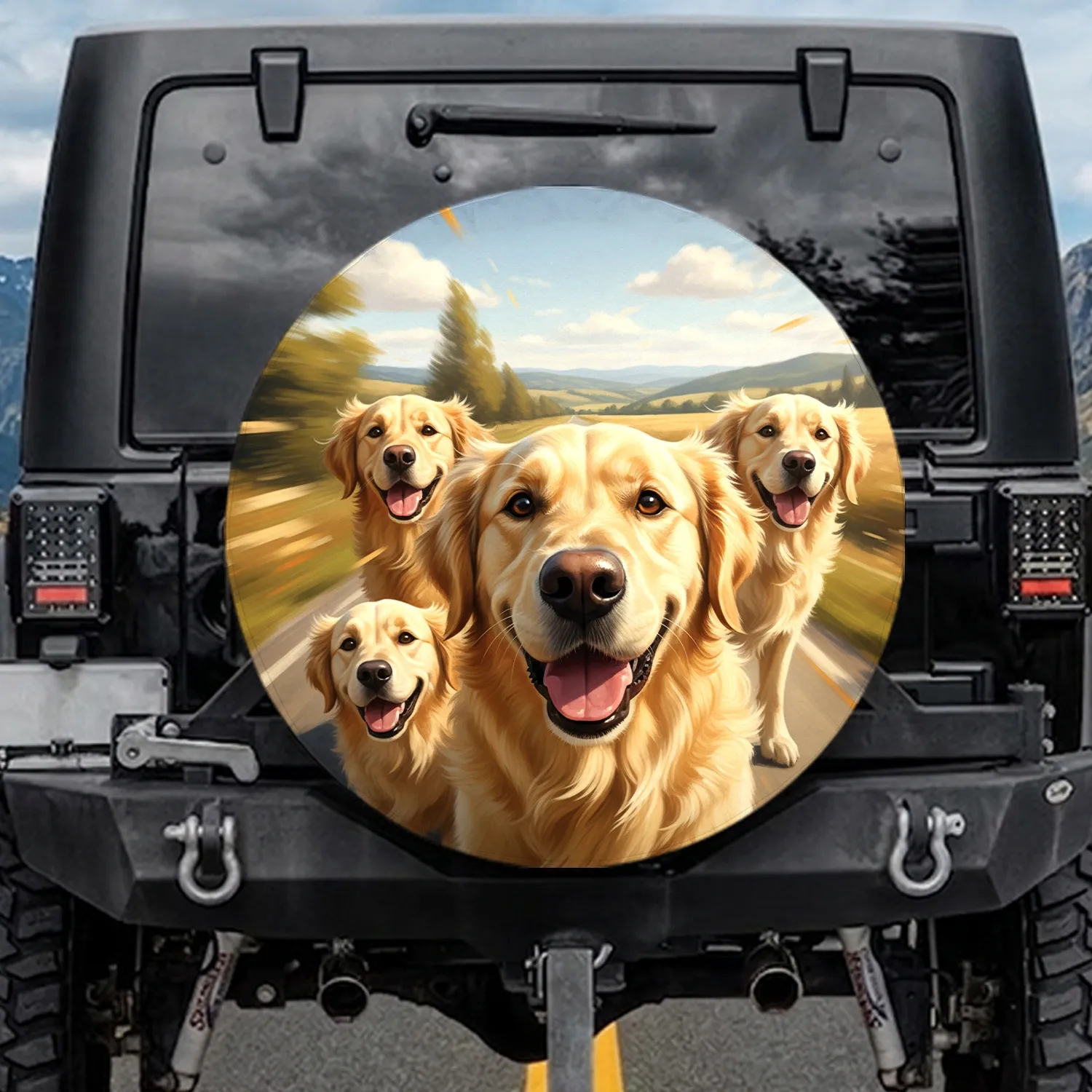 Smiling Golden Retrievers Scenic Countryside Drive - Dog Lover Gift Spare Tire Cover - 1