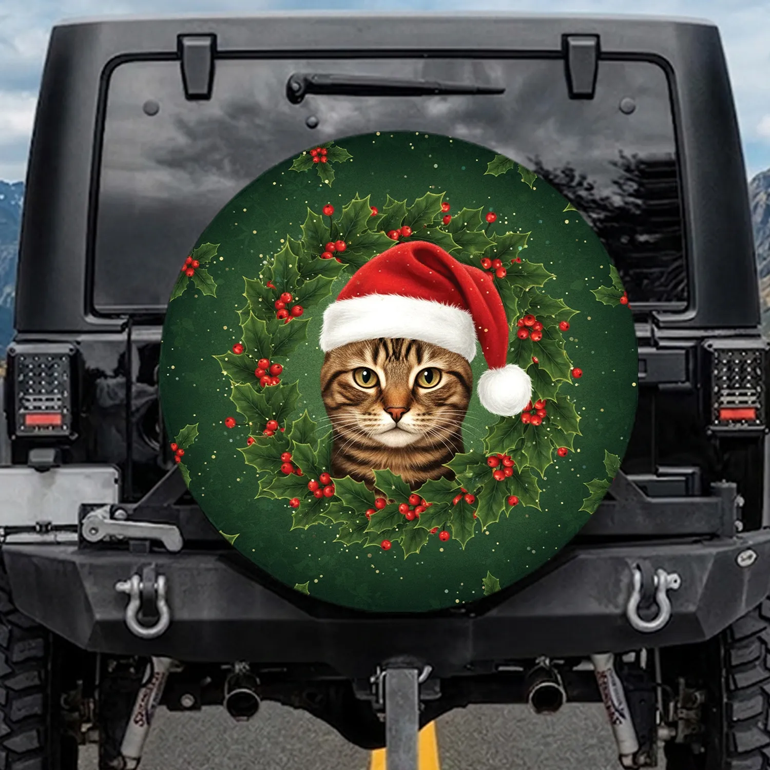 Tabby Cat Santa Hat Holly Wreath - Christmas Outdoor Decor for Cat Lover Spare Tire Cover - 1