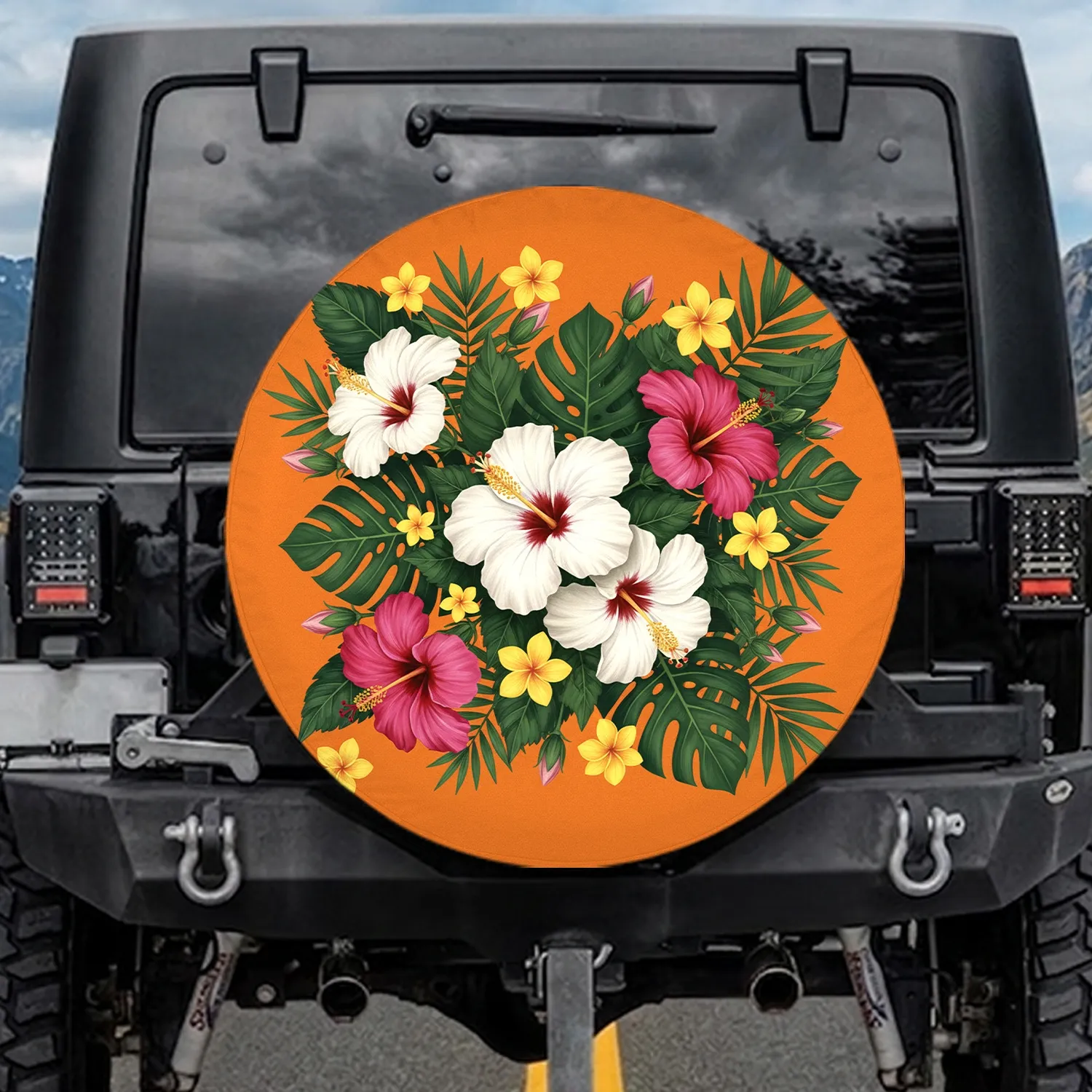 Hibiscus Flowers Tropical Leaves Yellow Blossoms Orange Field - Island Vacation Home Spare Tire Cover - 1