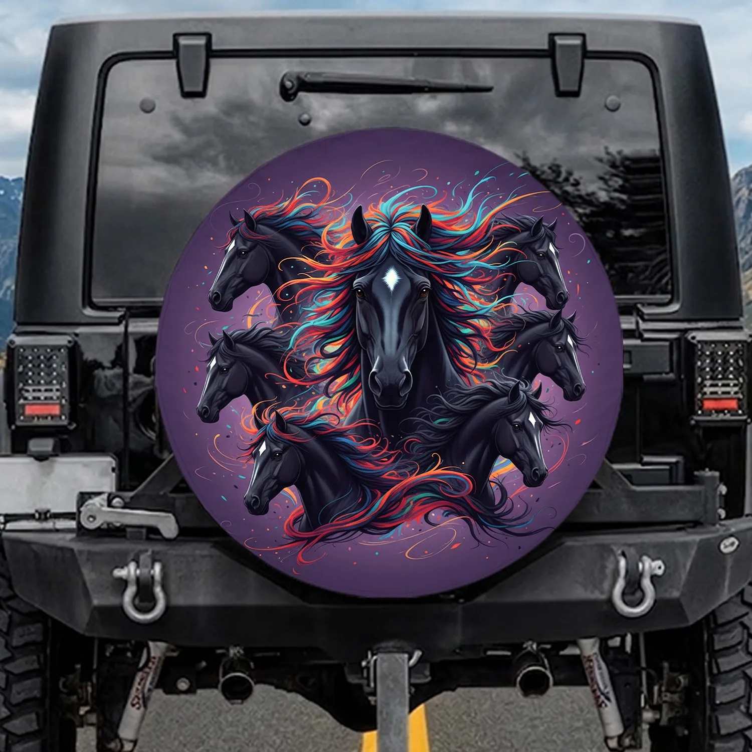 Lavender Black Horse Heads Multi-Color Manes - Horse Lover Gift Spare Tire Cover - 1