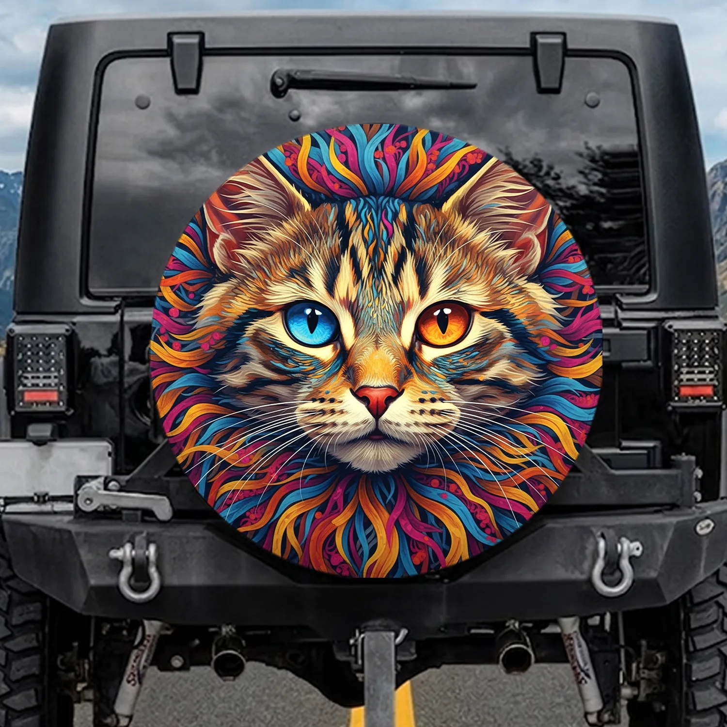 Domestic Cat Fractal Fur Blue Orange Eyes - Everyday Home Decor Gift for Cat Lover Spare Tire Cover - 1