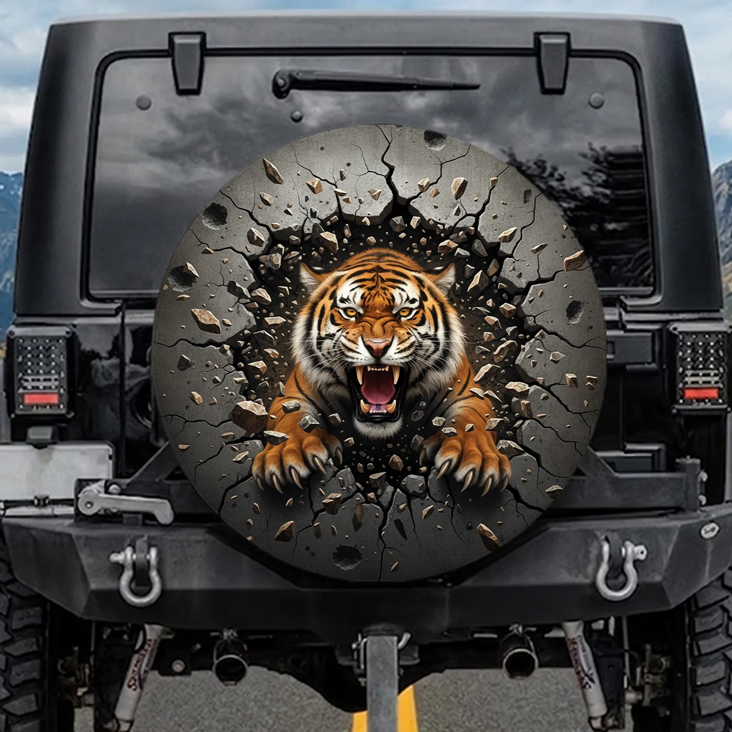 Fierce Roaring Bengal Tiger Cracked Concrete Debris Impact - Adventure Seeker Gift for Men Spare Tire Cover - 1