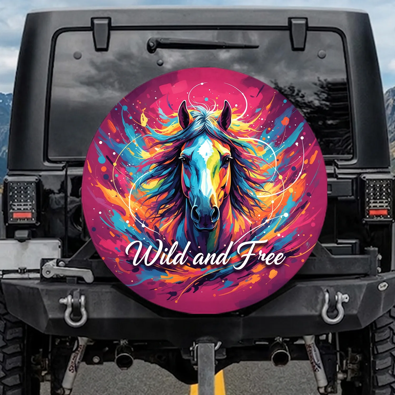 Multi-Color Horse Head Brushstrokes 'Wild and Free' - Wildlife Lover Gift Spare Tire Cover - 1