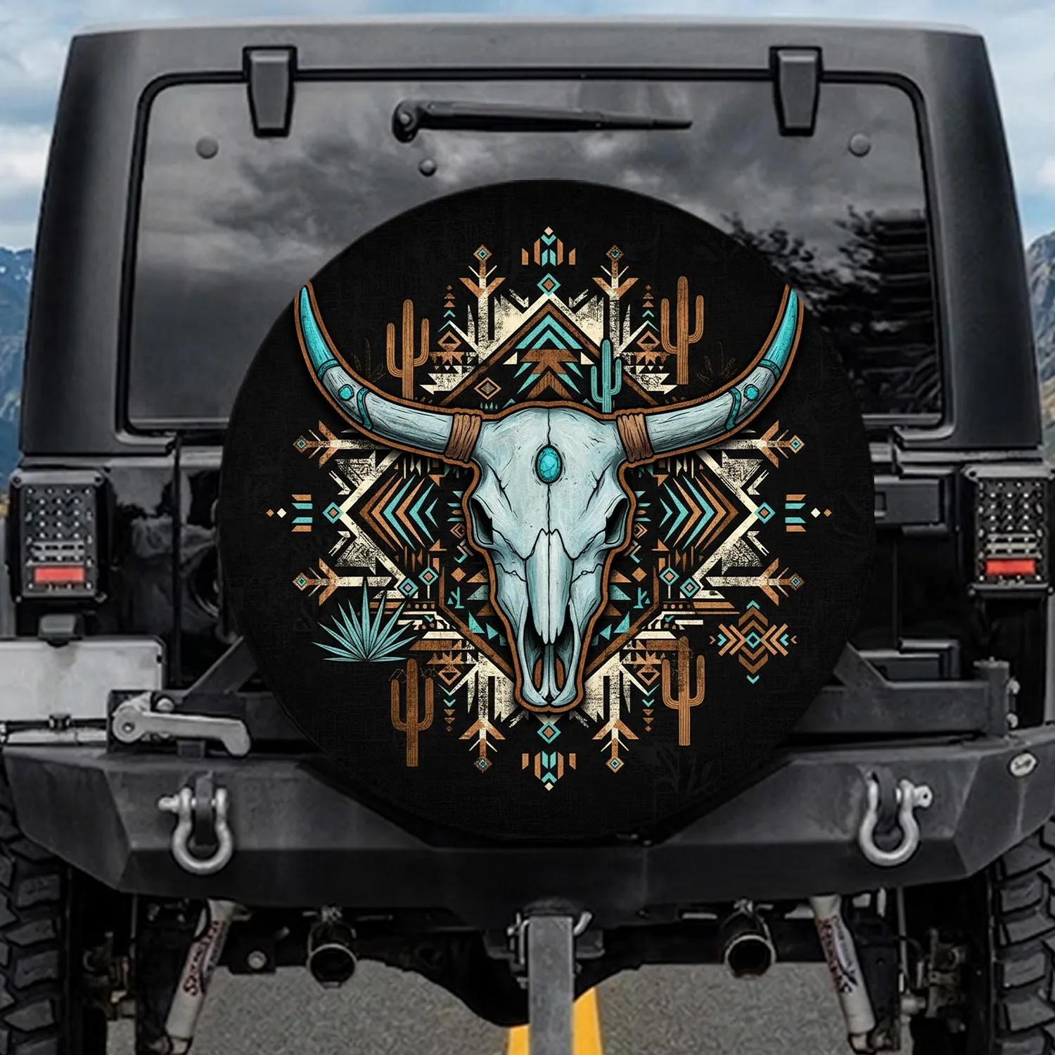 Rustic Longhorn Skull Southwestern Cacti - Western Lifestyle Gift Spare Tire Cover - 1