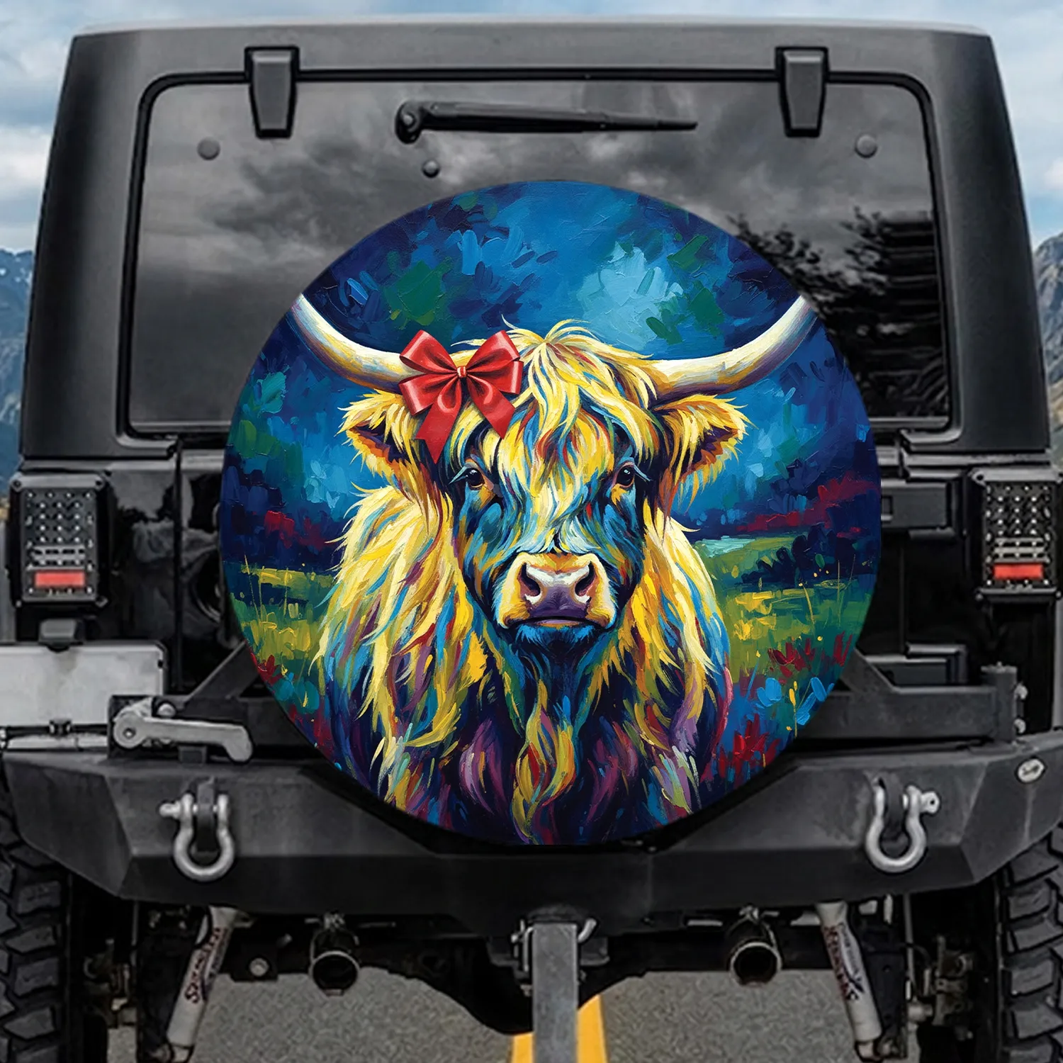 Highland Cow Head Red Bow - Farmhouse Decor Gift for Cow Lover Spare Tire Cover - 1