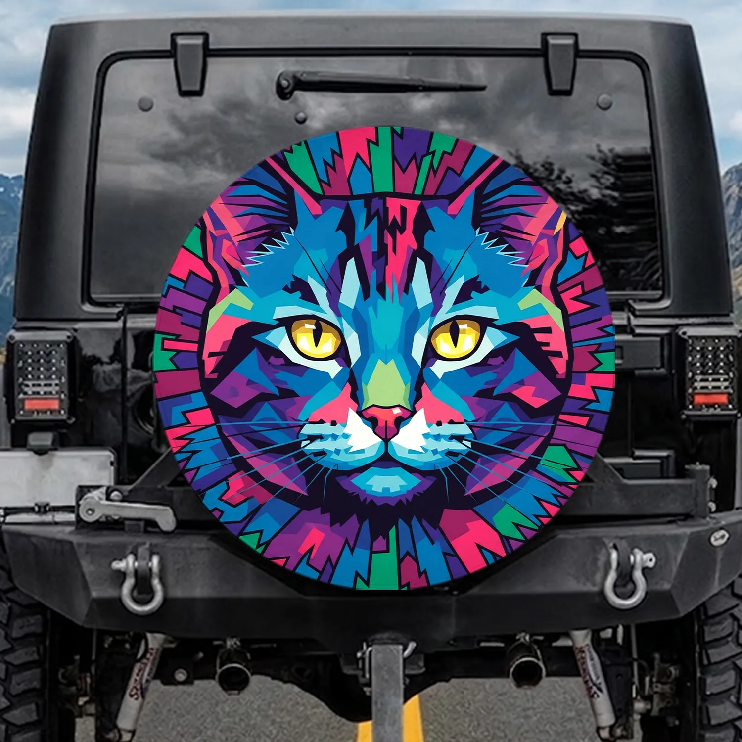 Pop Art Cat Face Yellow Eyes Full Coverage - Animal Lover Automotive Gift Spare Tire Cover - 1
